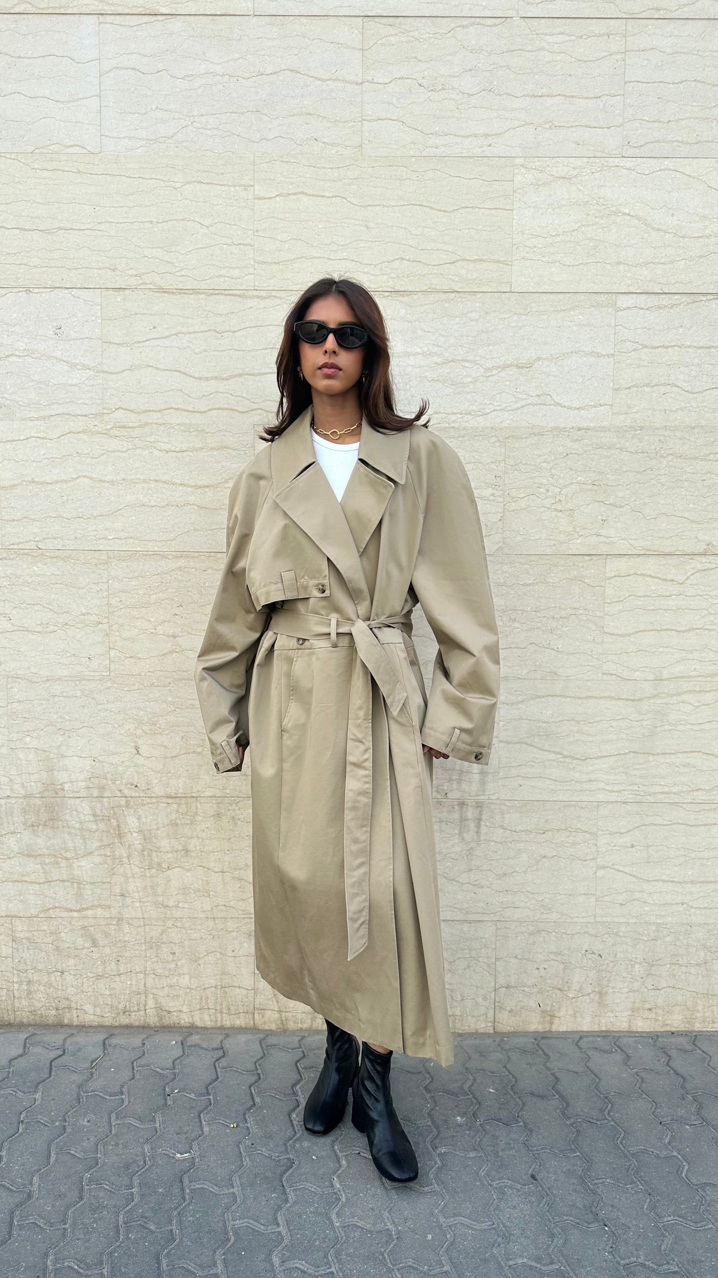Dark Beige Trench with Plaid Lining
