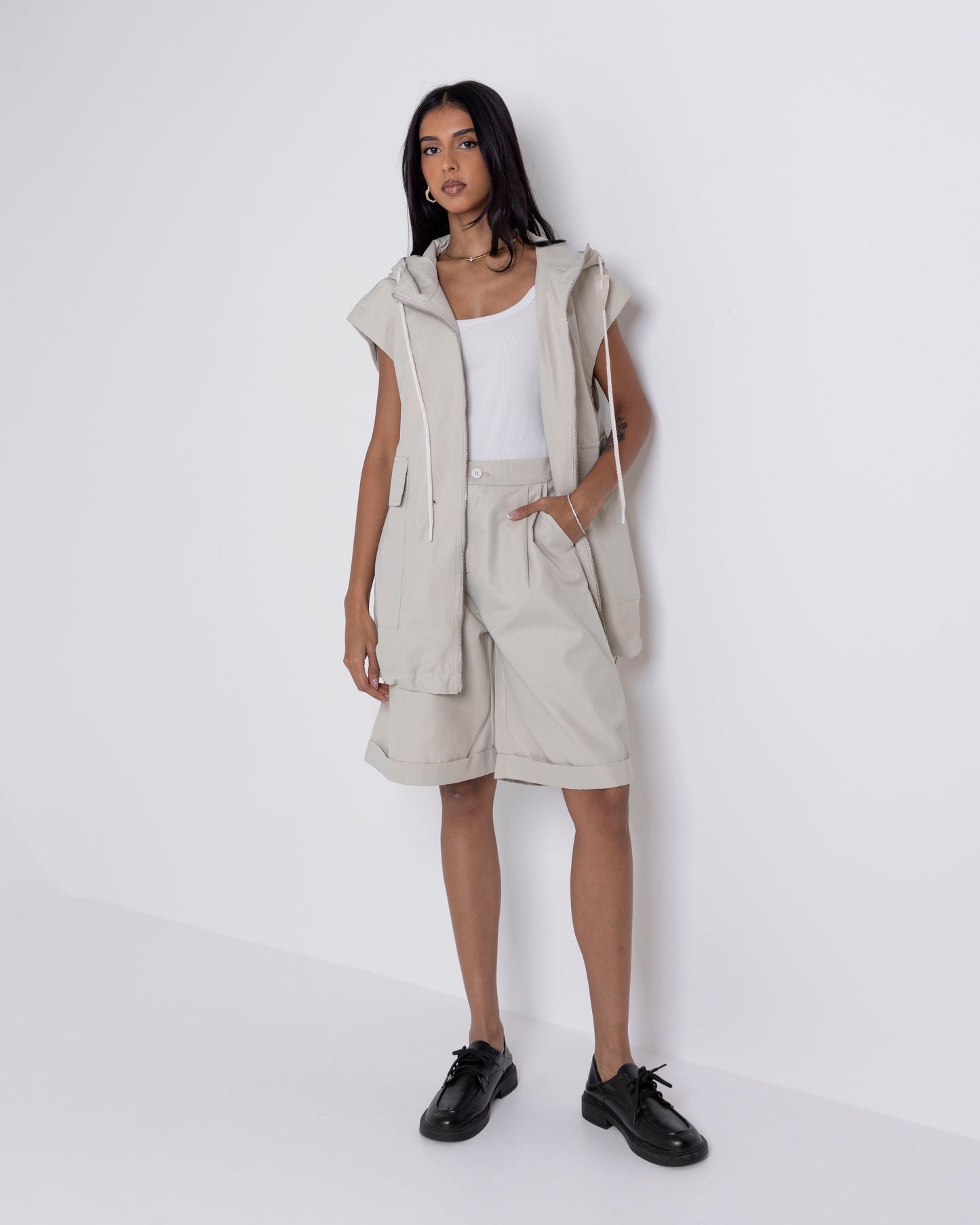 Beige Hooded Vest & Shorts Set