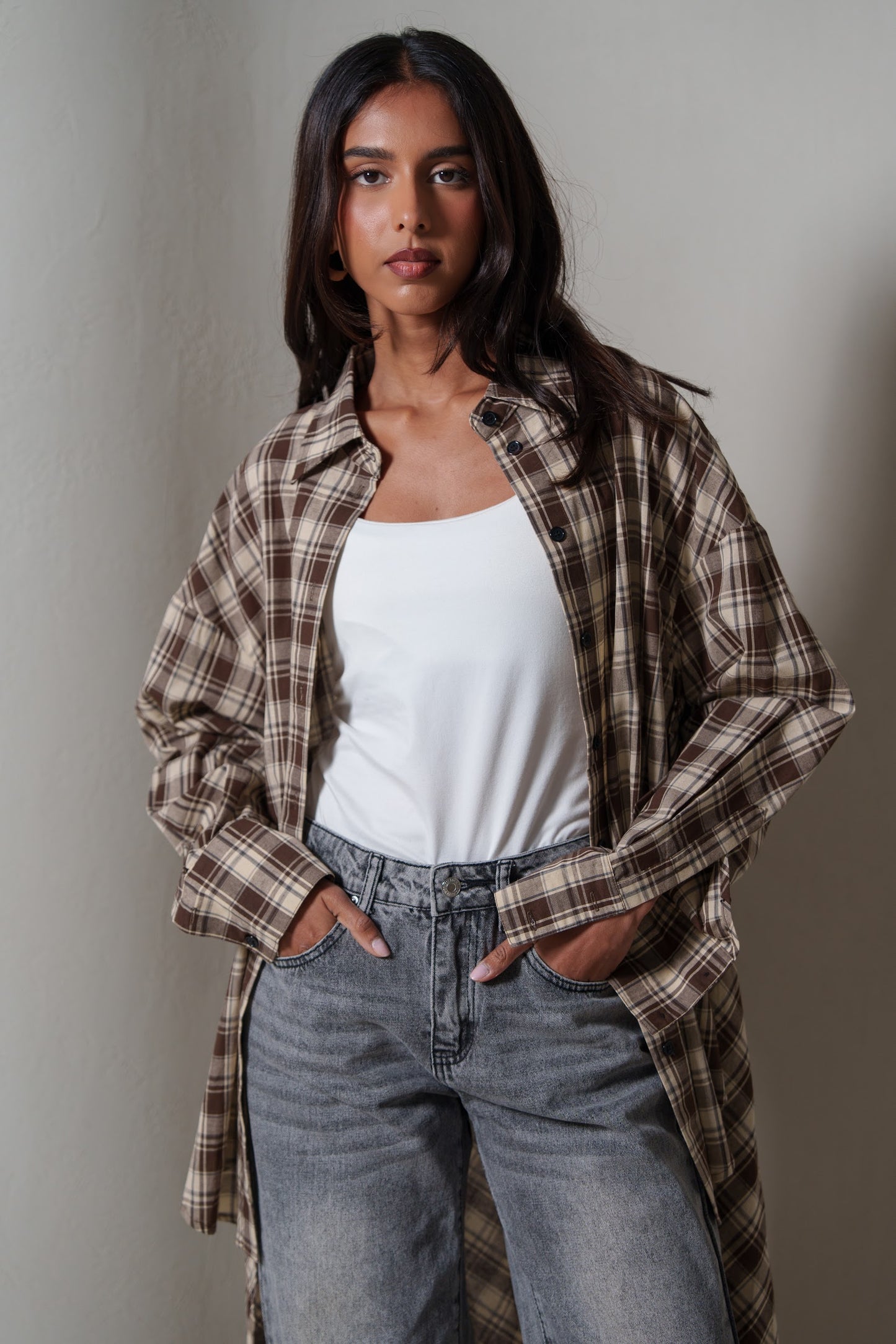 Brown Plaid Asymmetrical Shirt