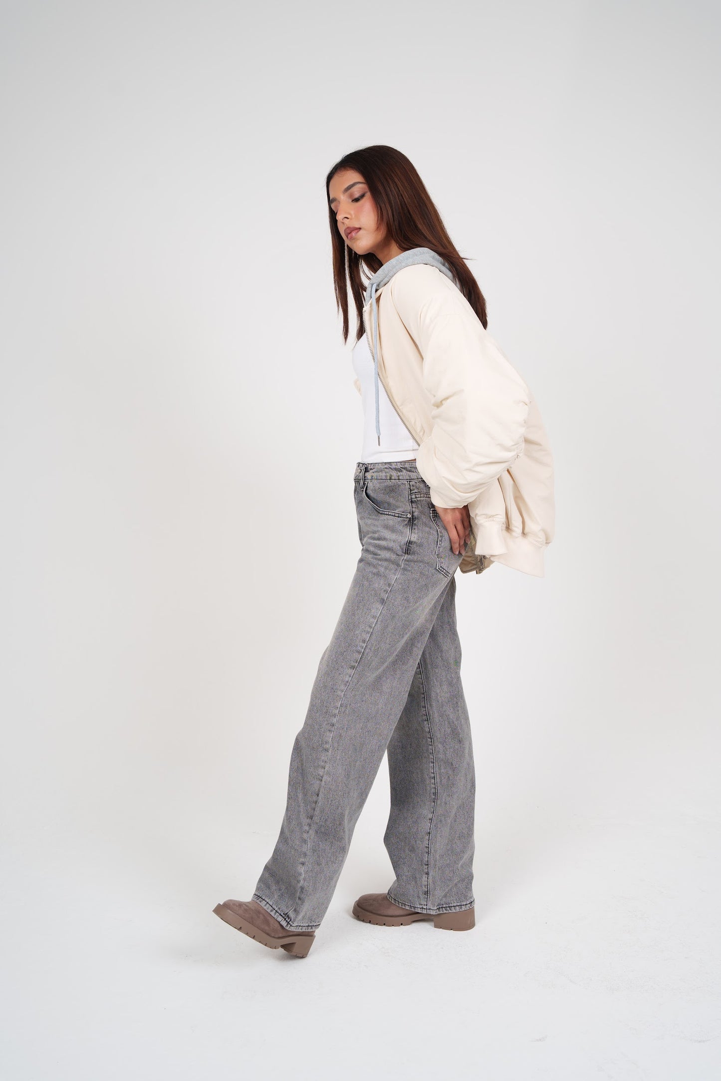 White Bomber with Grey Hoodie