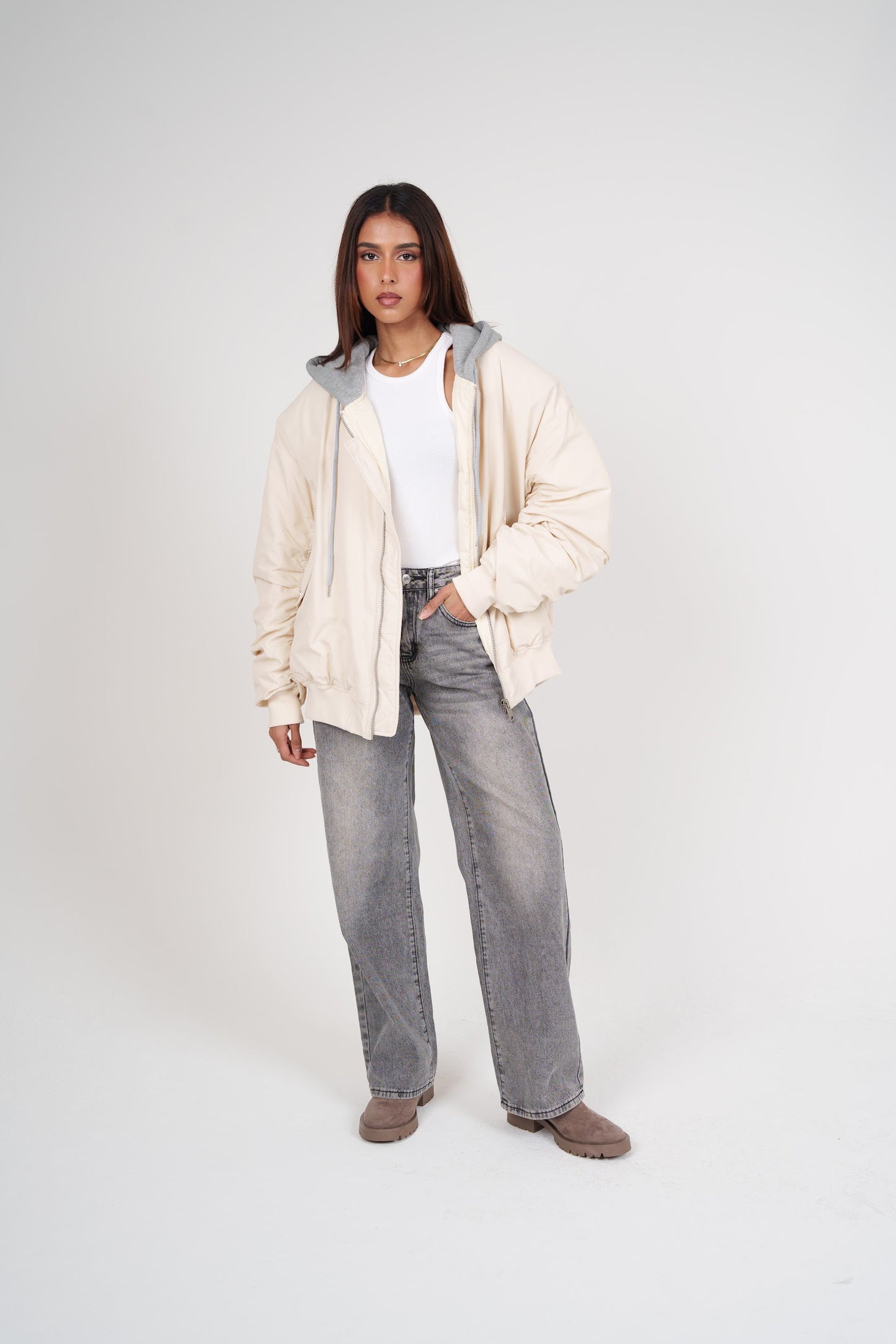 White Bomber with Grey Hoodie
