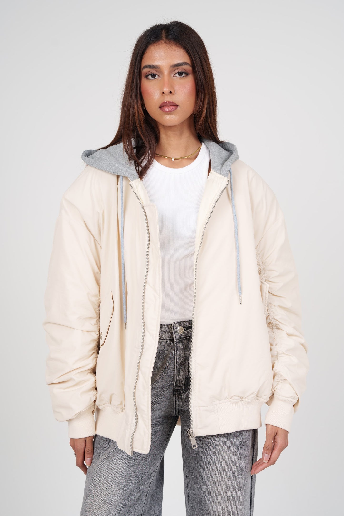 White Bomber with Grey Hoodie