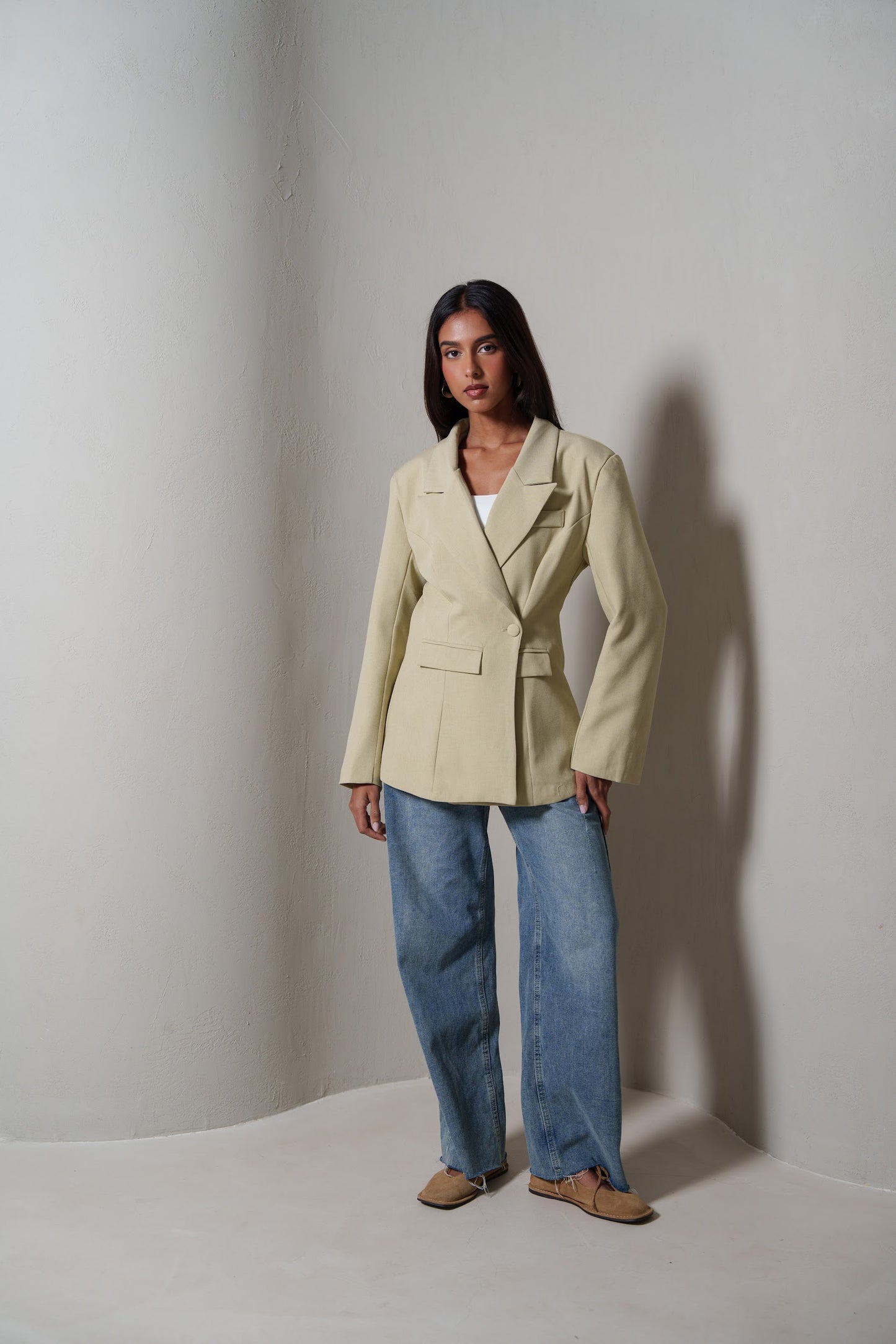 Beige Waisted Double Buttoned Blazer