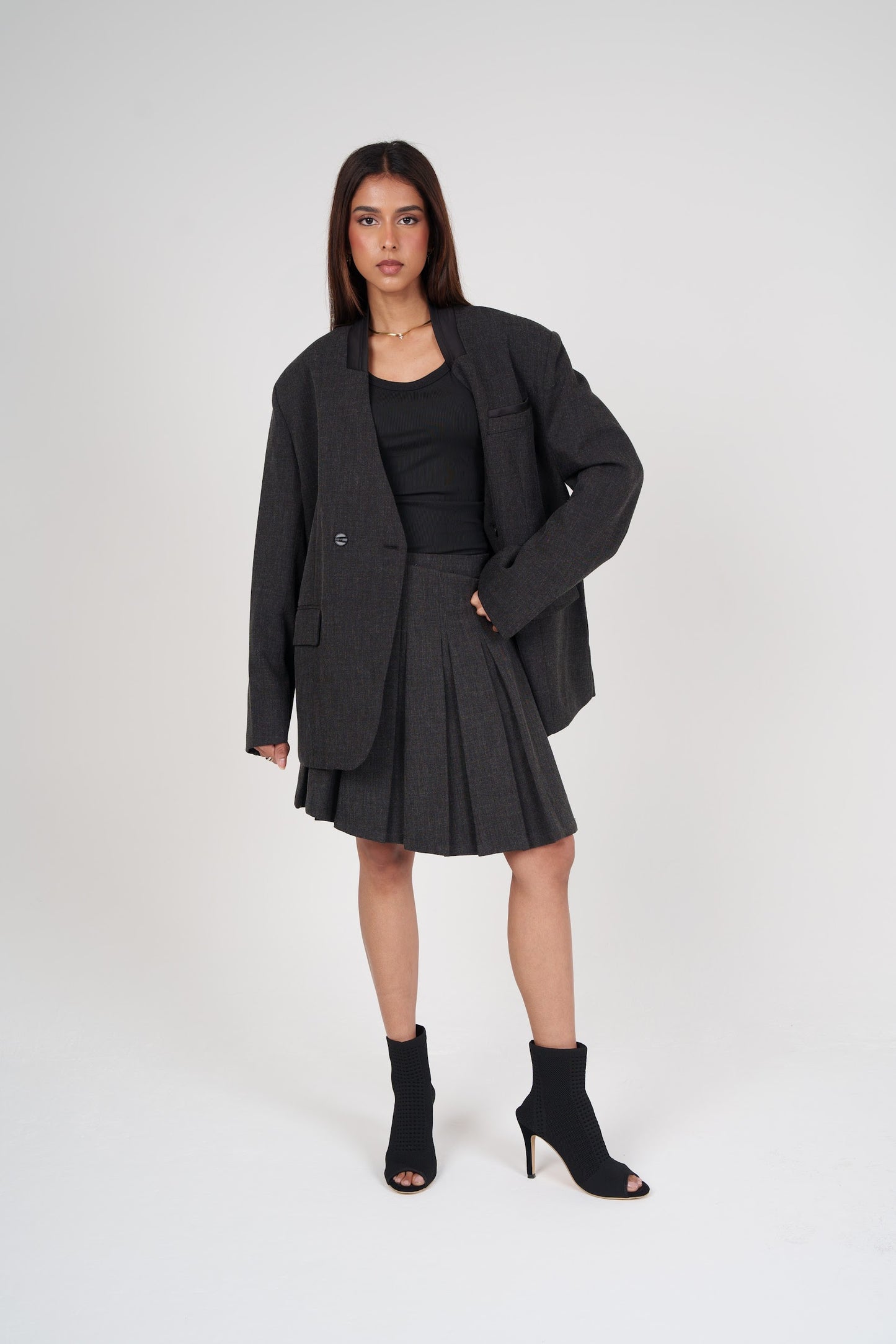 Dark Grey Pleated Skirt & Blazer Set