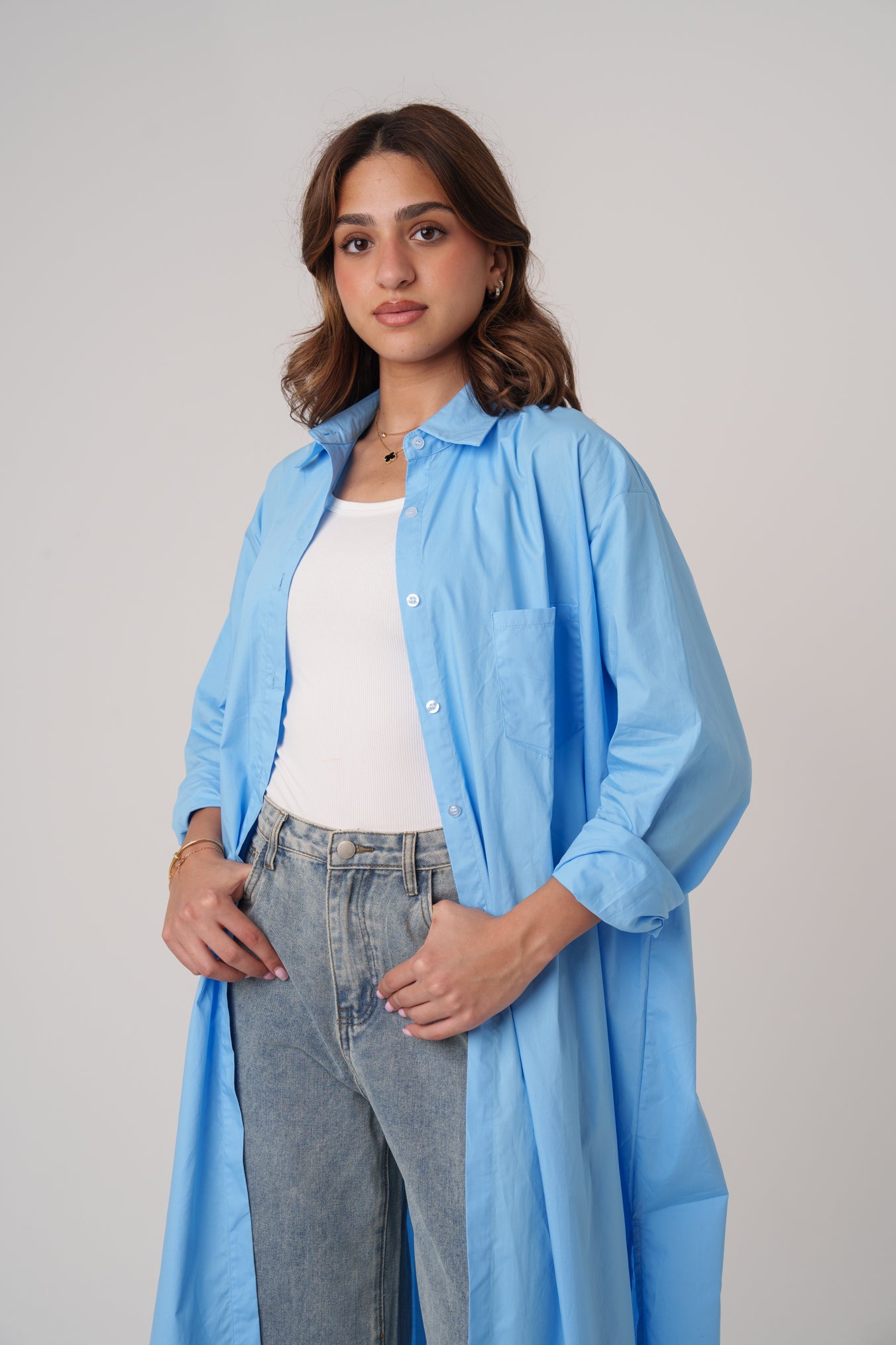 Long Poplin Blue Shirt with Slits