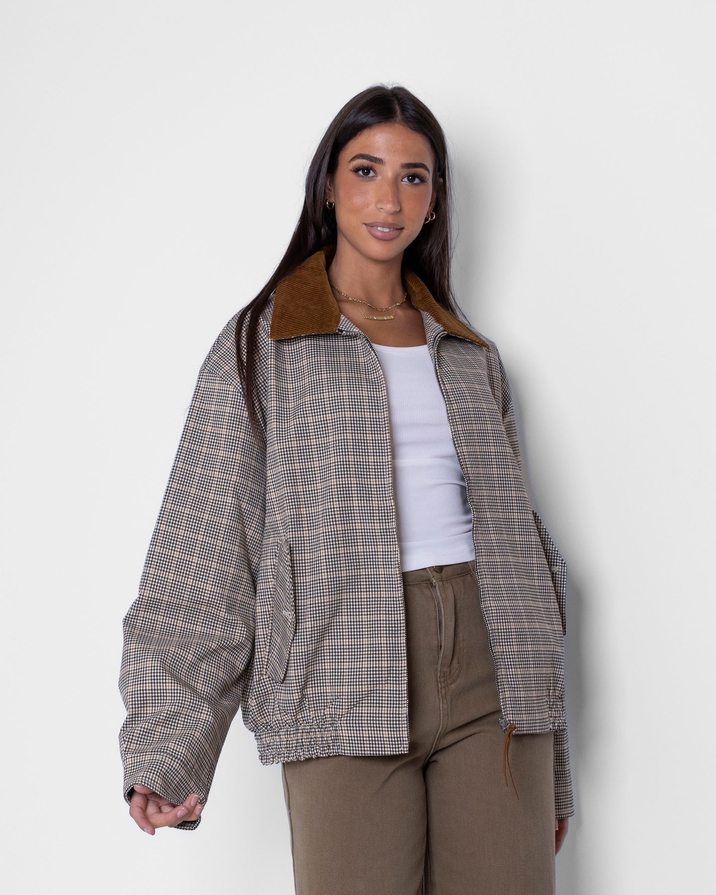 Checked Jacket with Corduroy Collar