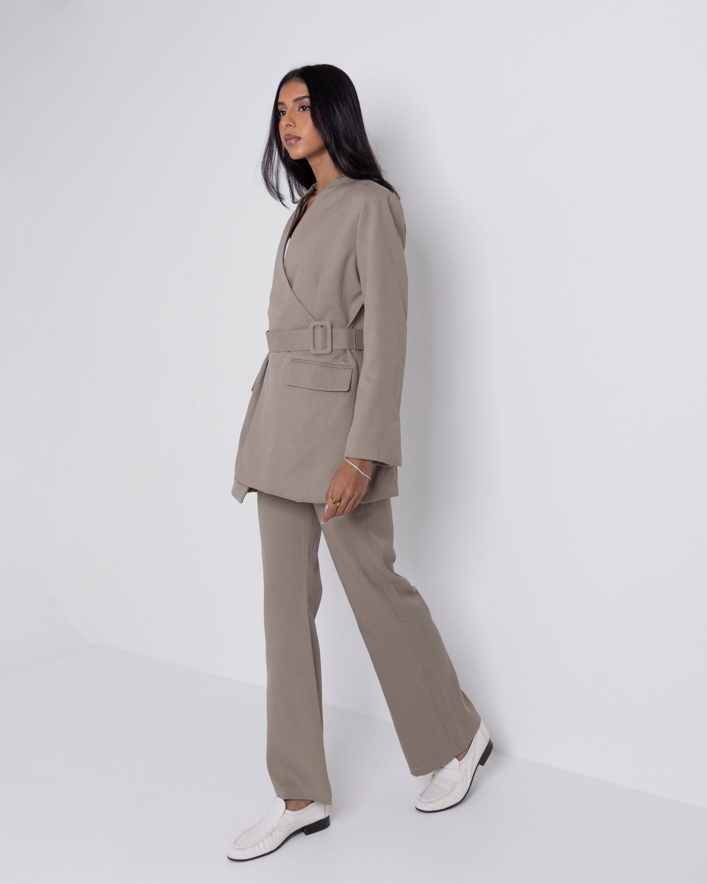 Taupe Belted Suit