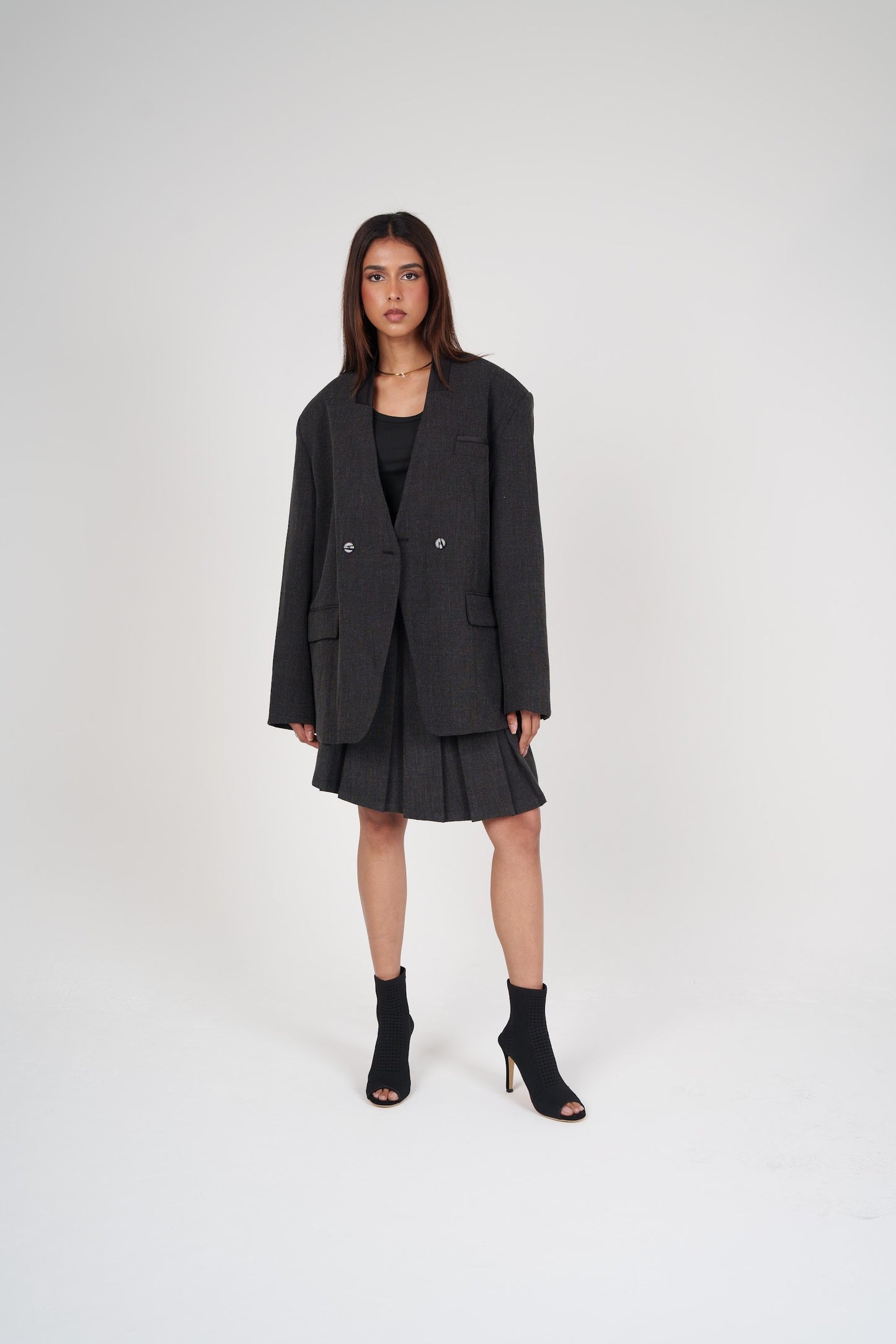 Dark Grey Pleated Skirt & Blazer Set