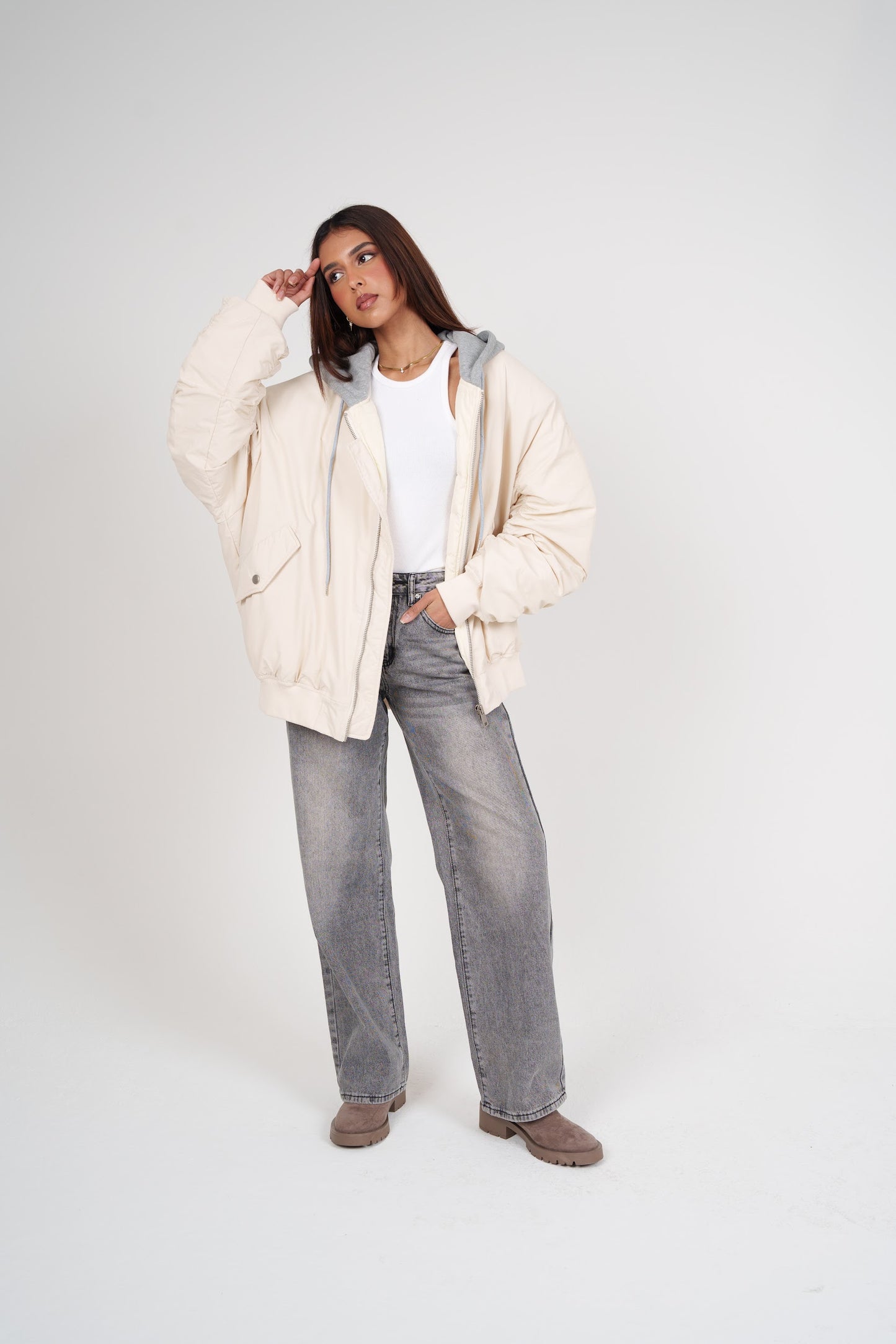 White Bomber with Grey Hoodie