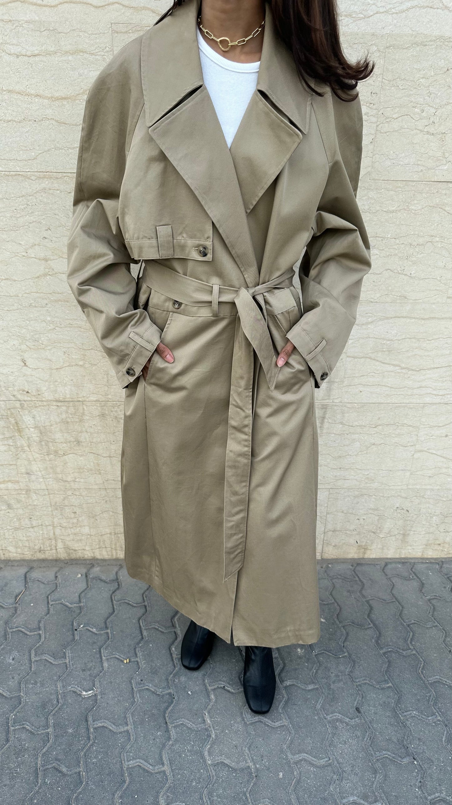 Dark Beige Trench with Plaid Lining