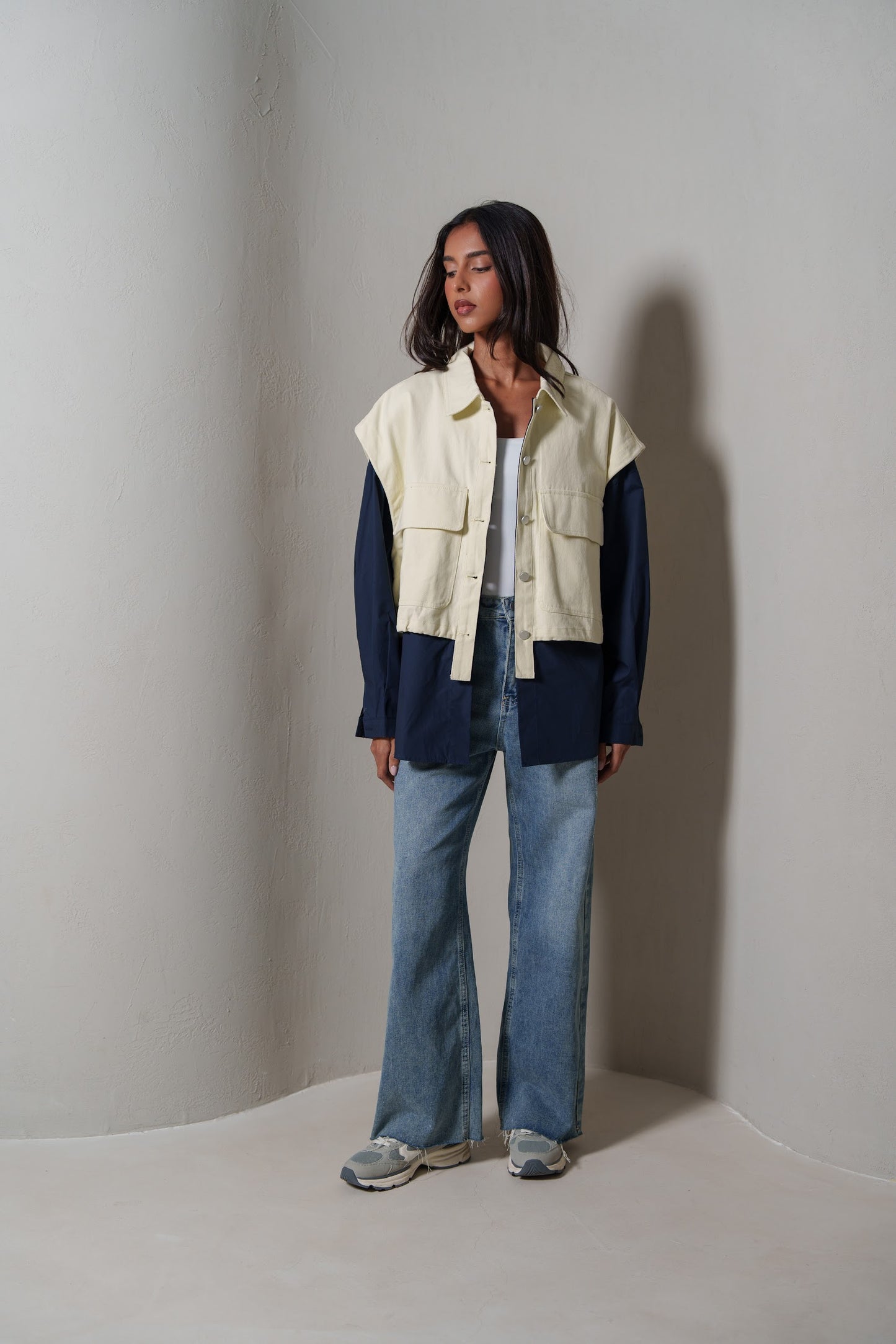 Navy & Pastel Yellow Colorblock Utility Jacket