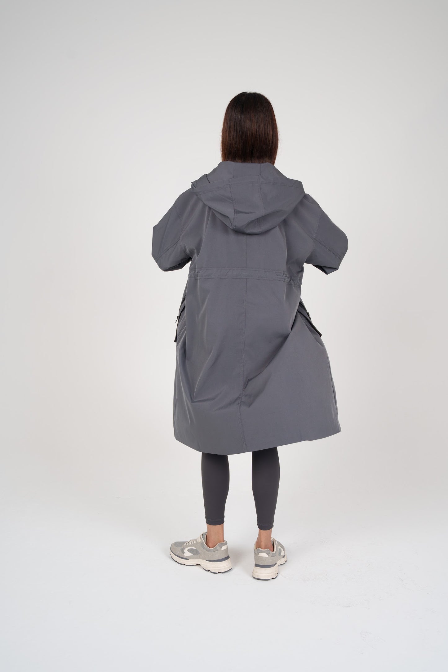 Long Grey Hooded Jacket with Pockets