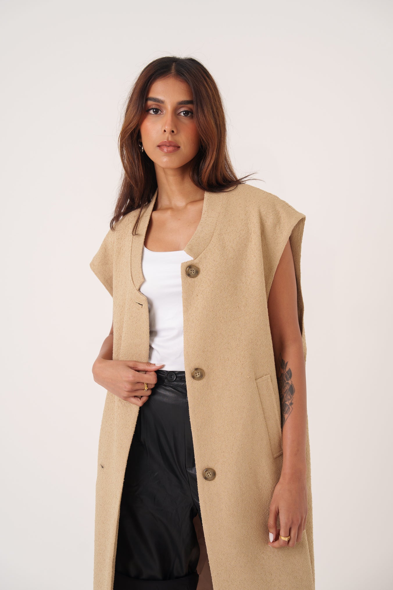 Beige Wool Oversized Long Vest
