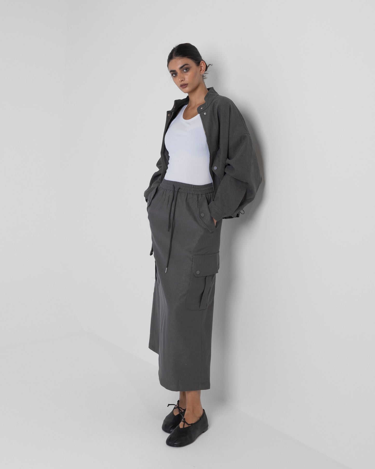 Grey Cargo Skirt Set