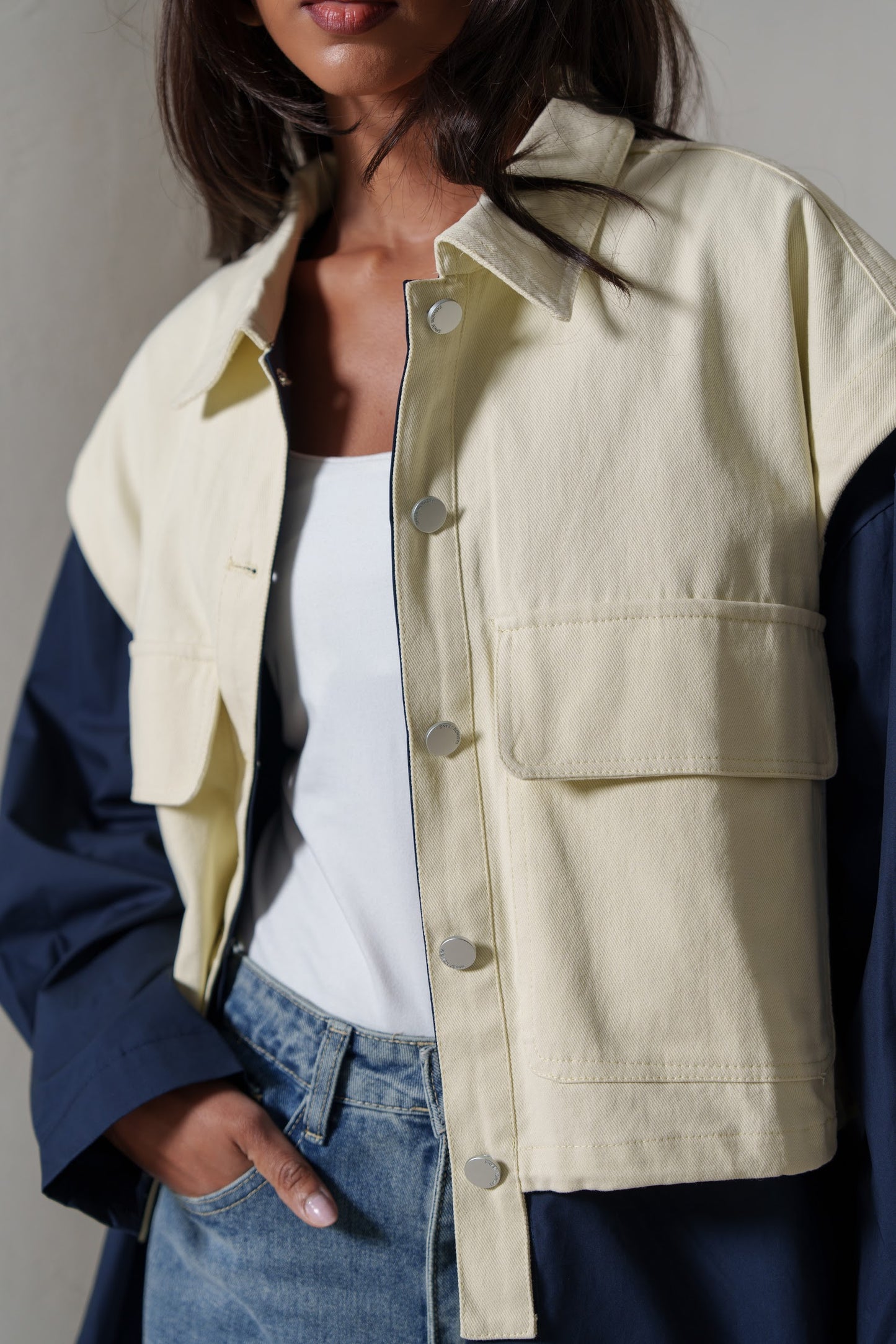Navy & Pastel Yellow Colorblock Utility Jacket