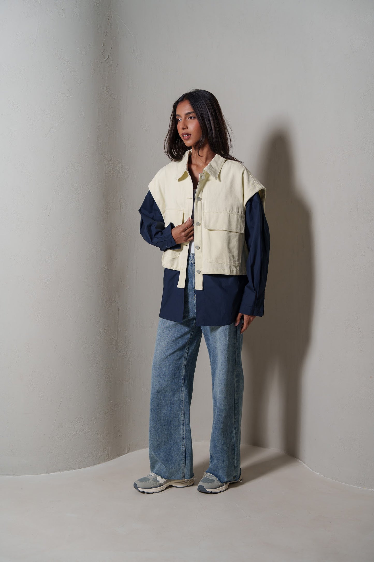 Navy & Pastel Yellow Colorblock Utility Jacket