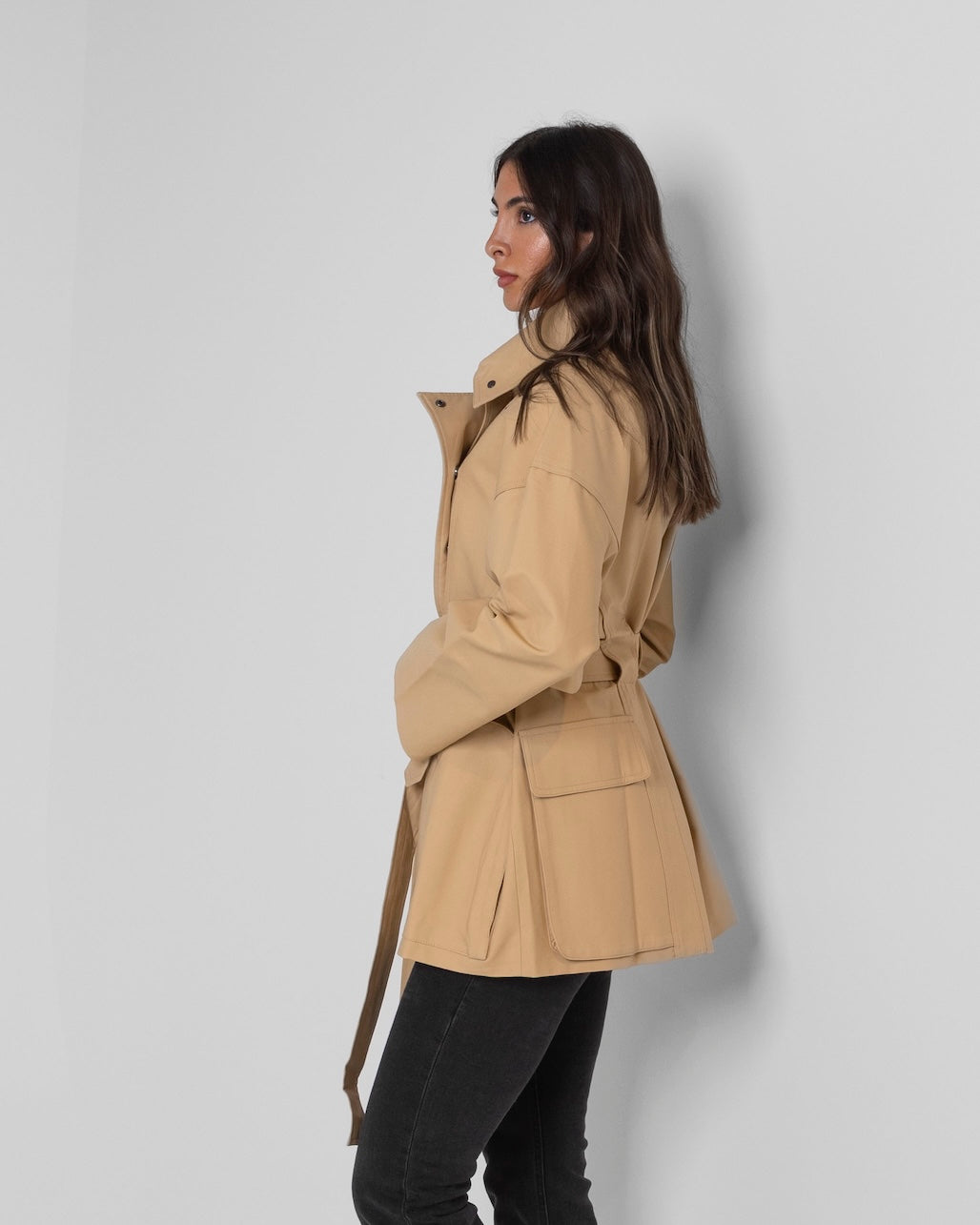 Beige Short Trench with Back Pockets