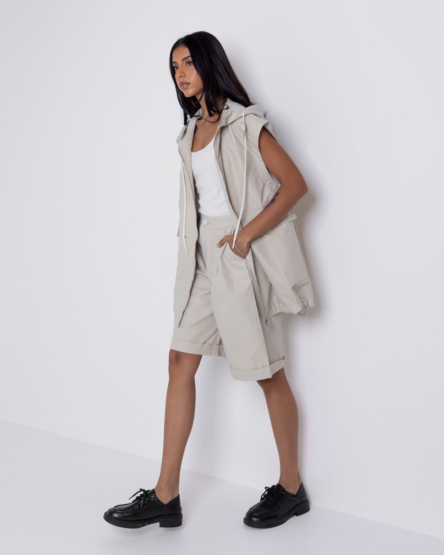 Beige Hooded Vest & Shorts Set