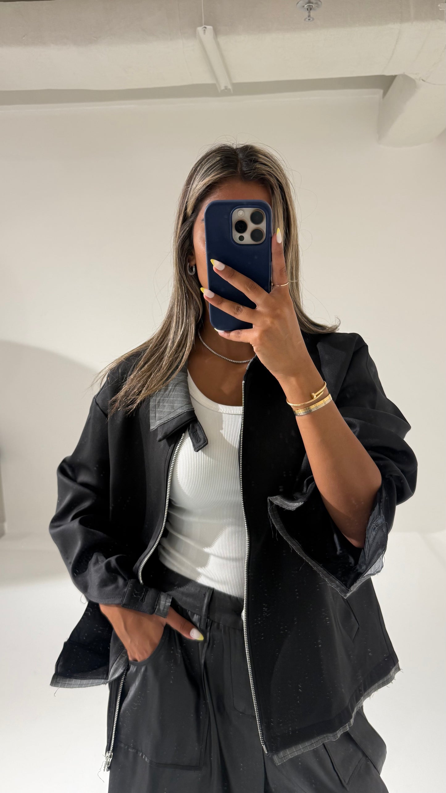 Black Jacket with Grey Striped Collar