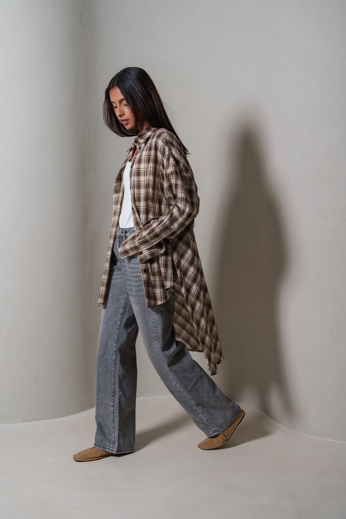 Brown Plaid Asymmetrical Shirt