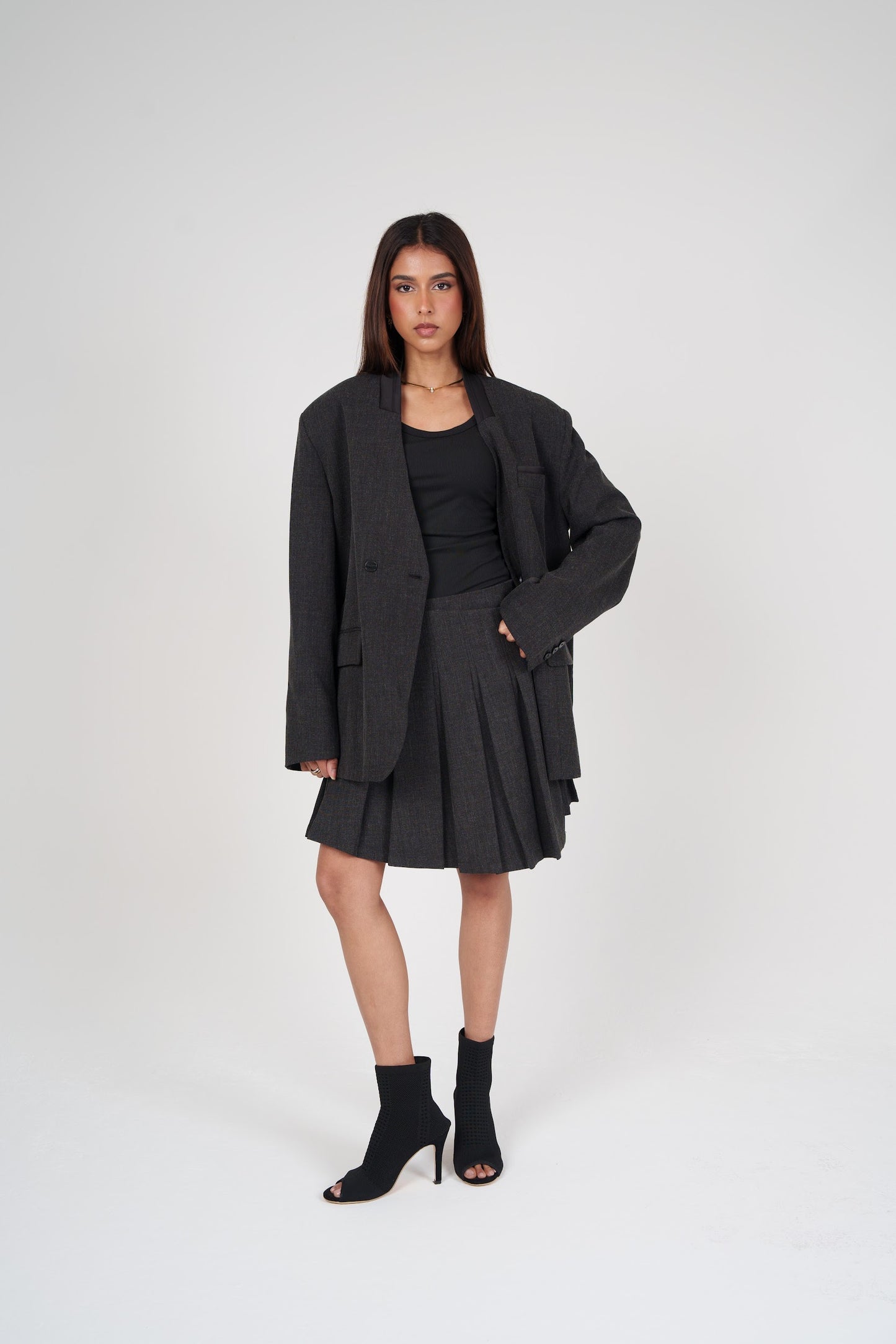 Dark Grey Pleated Skirt & Blazer Set
