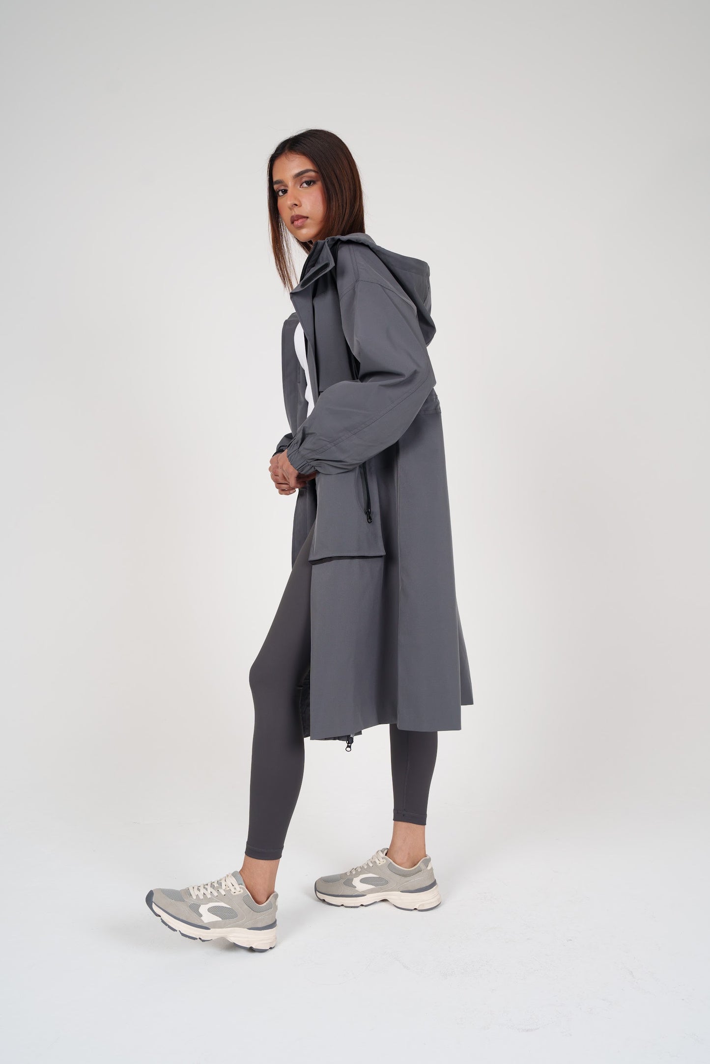 Long Grey Hooded Jacket with Pockets
