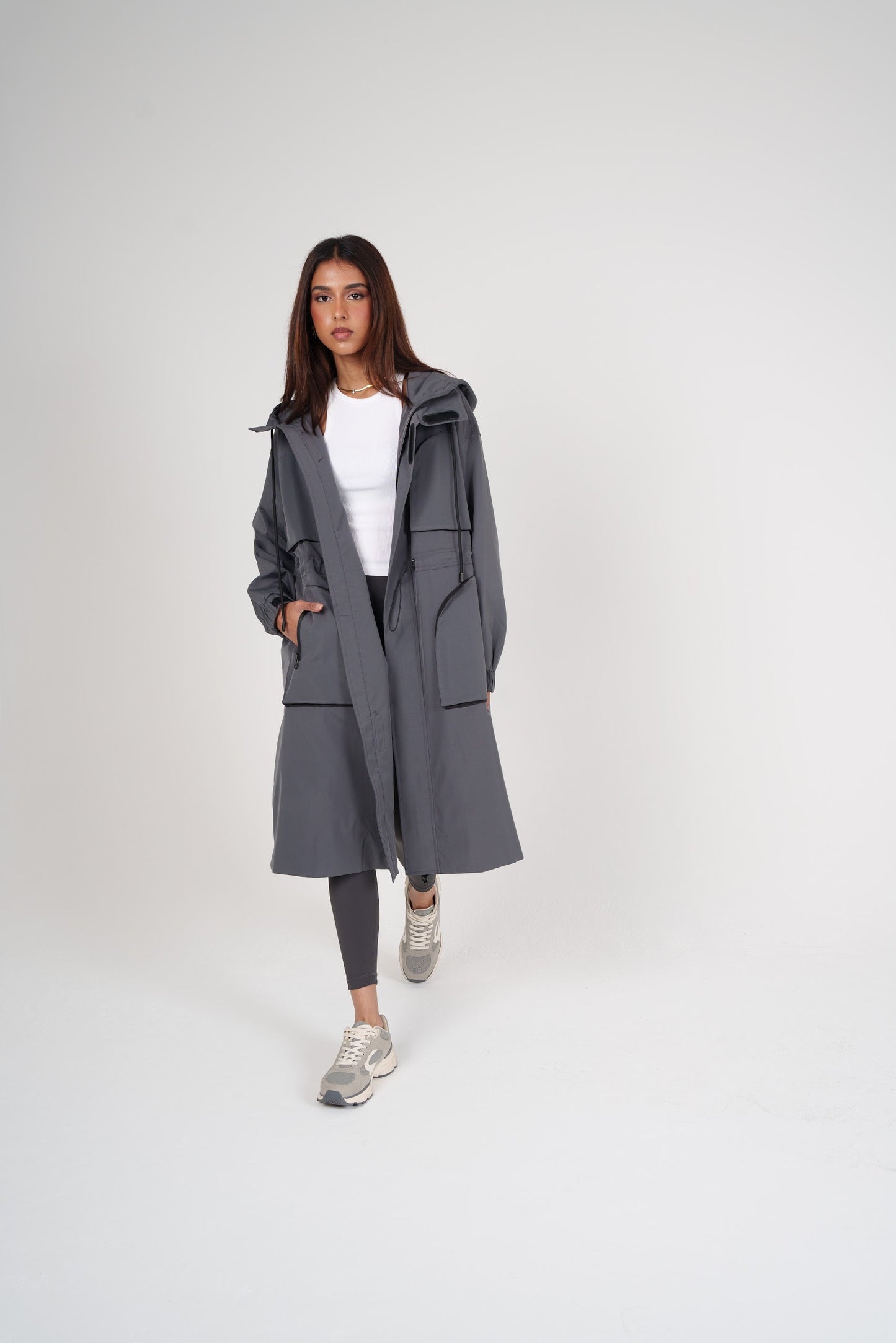Long Grey Hooded Jacket with Pockets