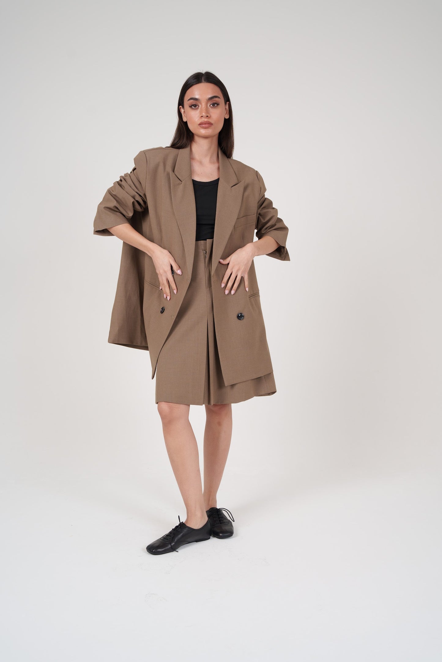 Camel Skirt & Oversized Long Blazer Set