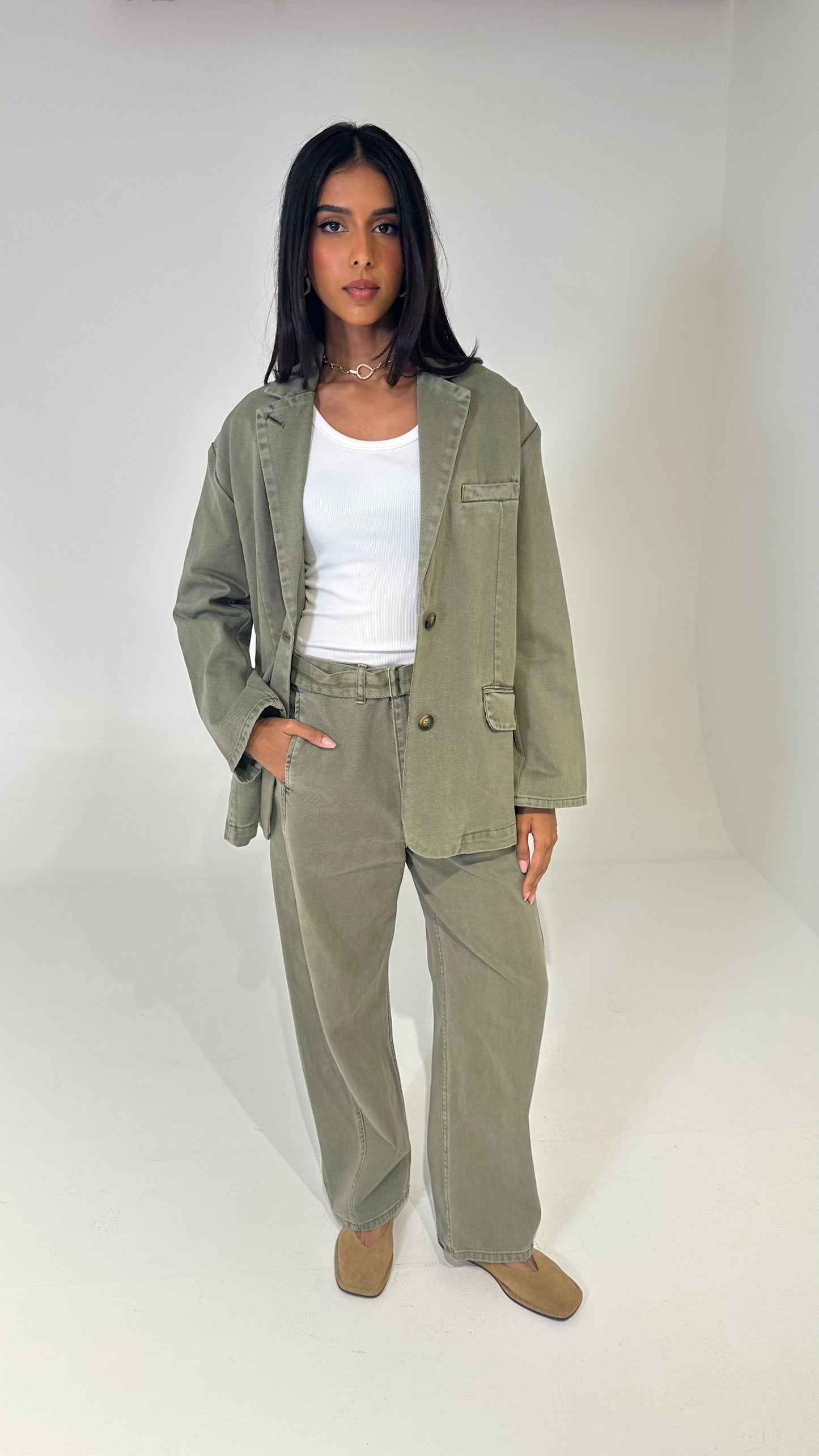 Olive Denim Blazer Set
