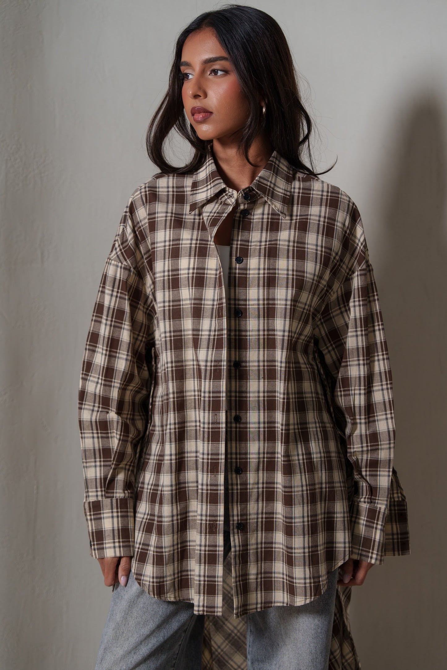 Brown Plaid Asymmetrical Shirt