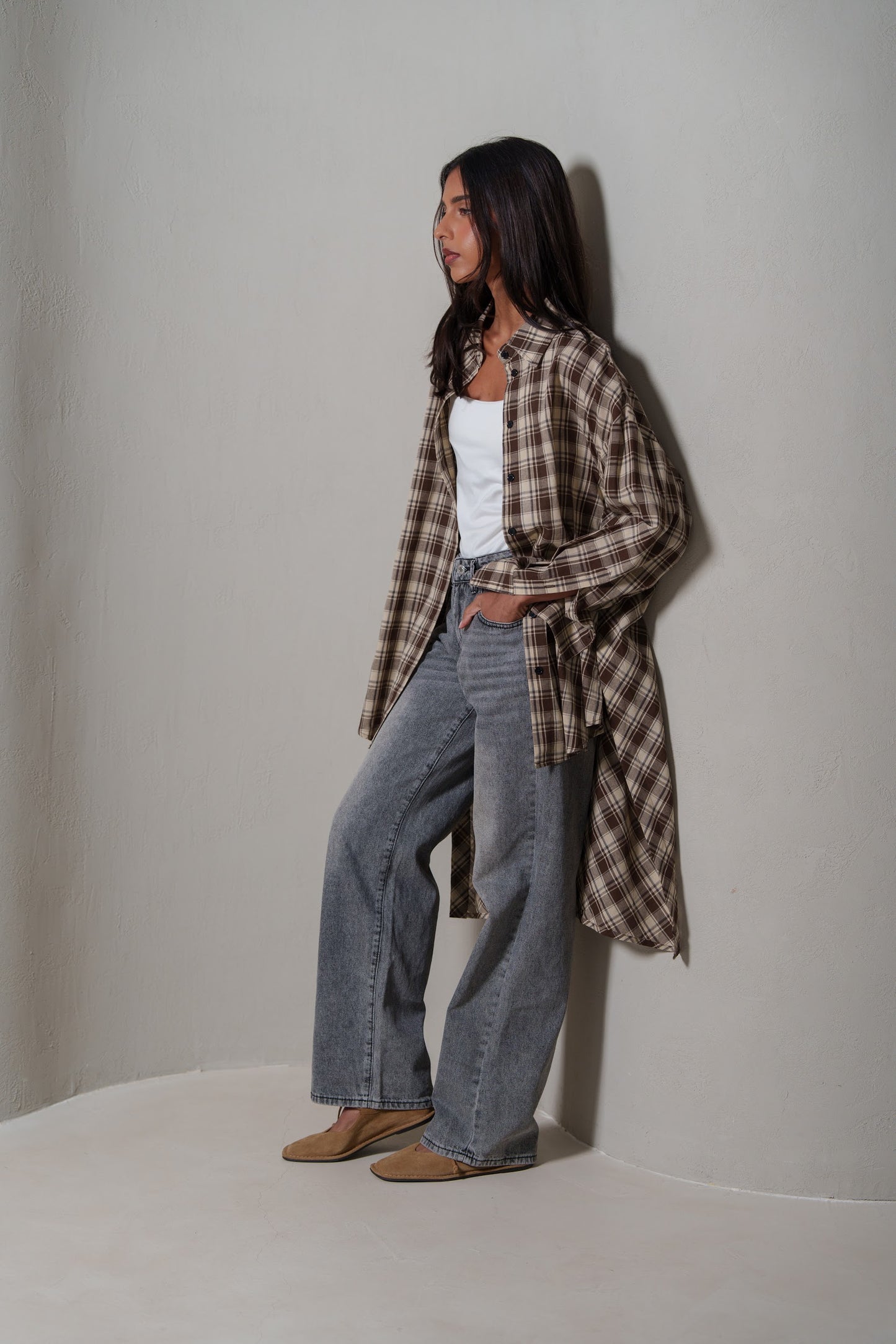 Brown Plaid Asymmetrical Shirt