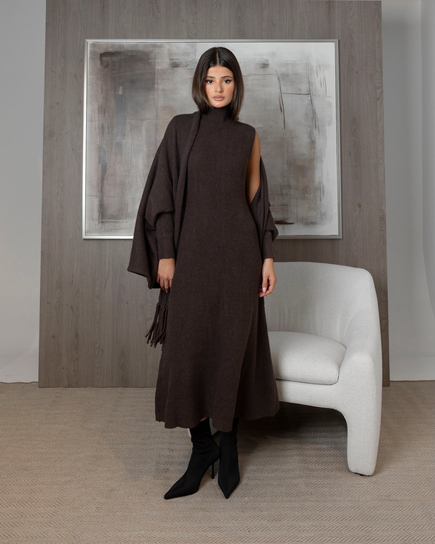 2 Piece Knit Set (Dress & Fringed Cardigan)