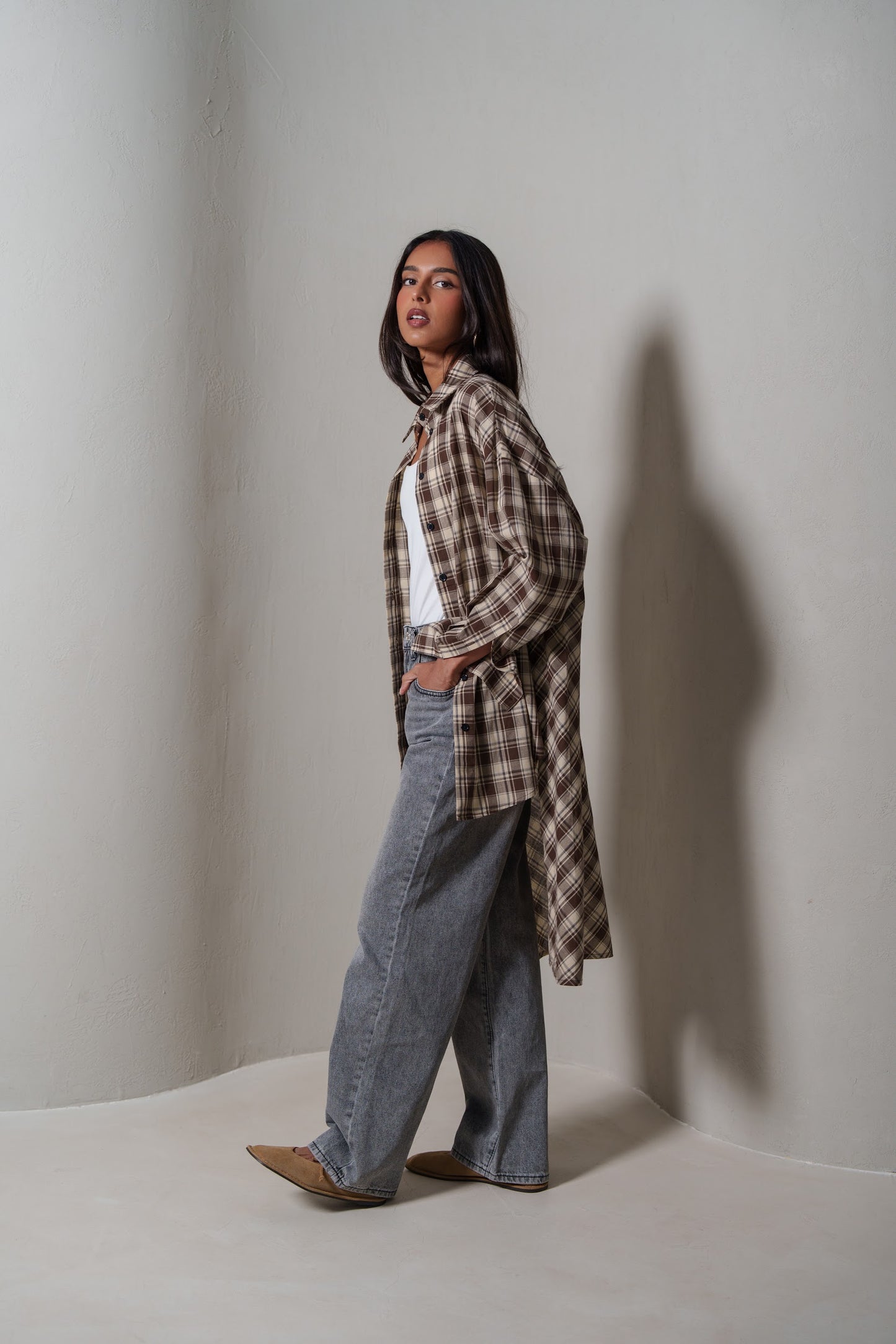 Brown Plaid Asymmetrical Shirt