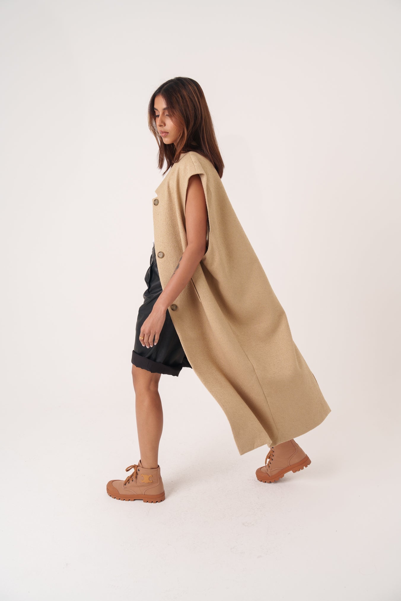 Beige Wool Oversized Long Vest