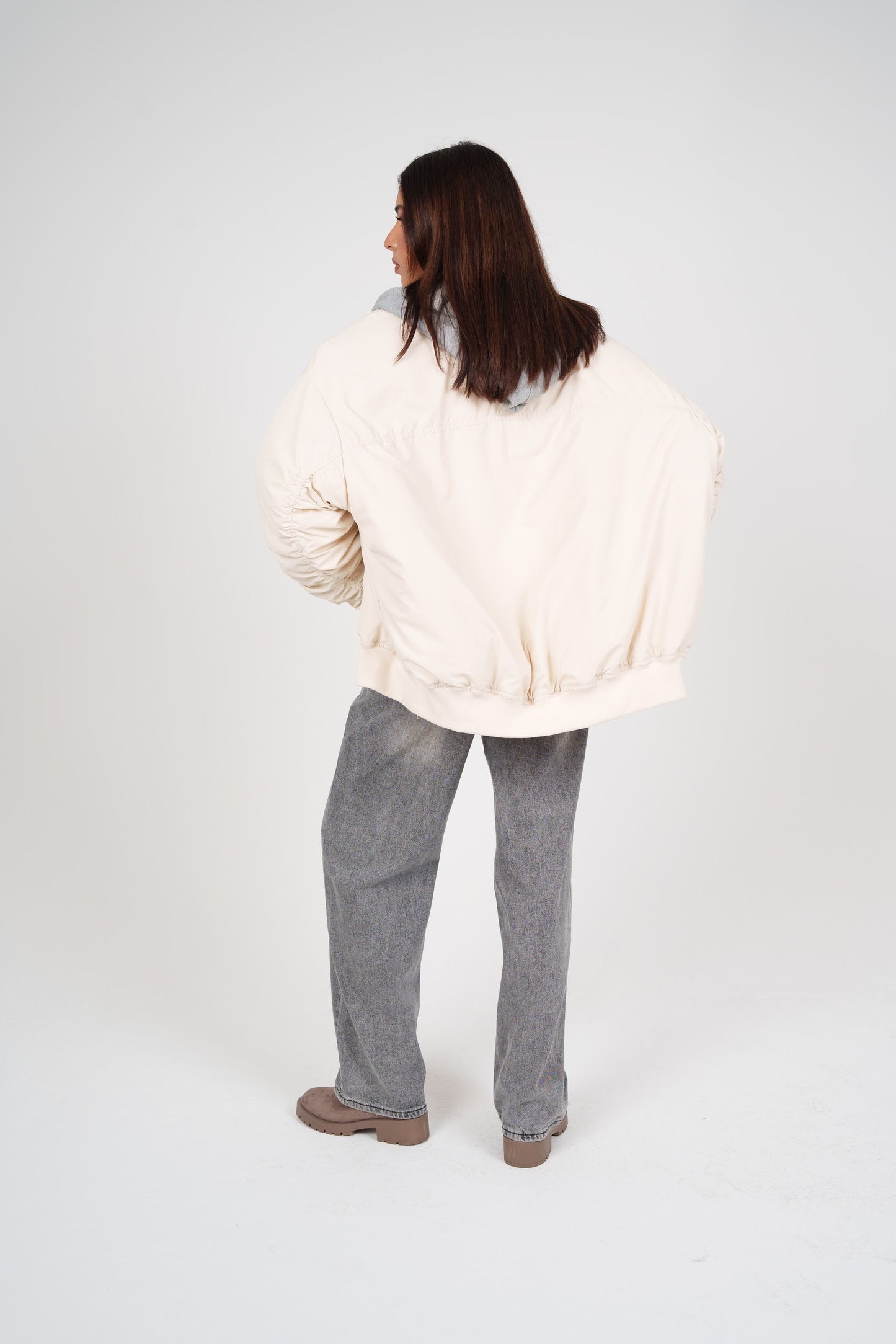 White Bomber with Grey Hoodie