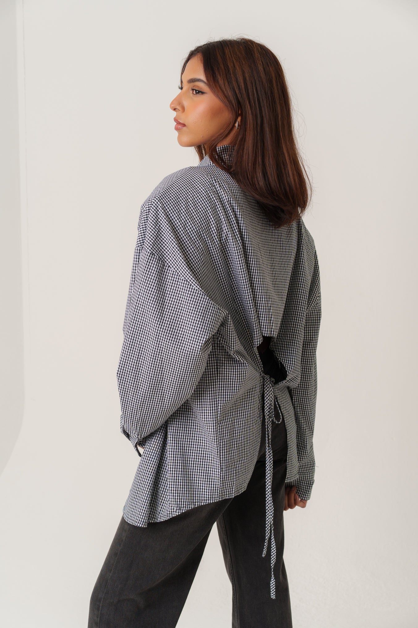 Plaid Padded Shirt with Open Back