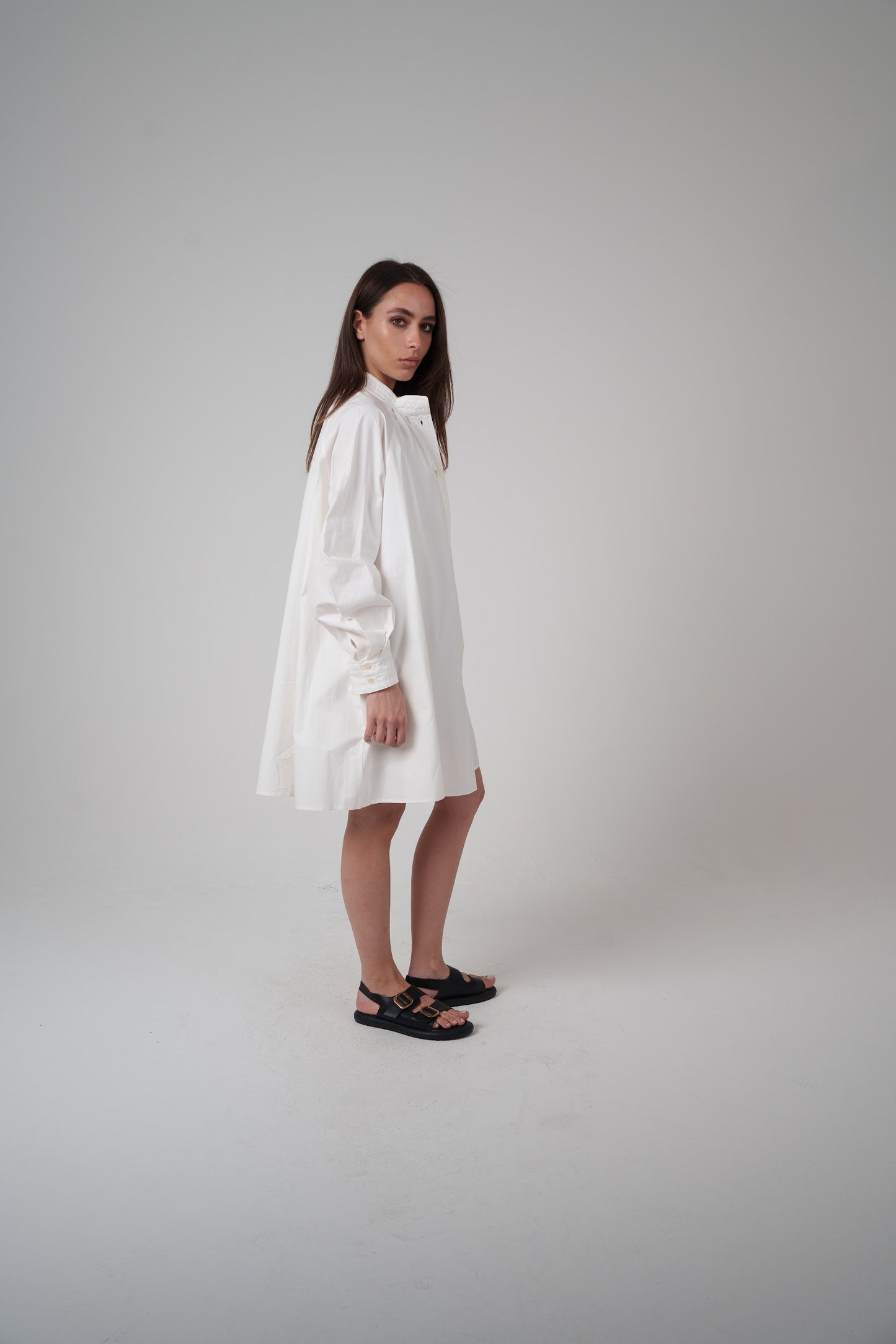 White Balloon-Sleeve Shirt Dress