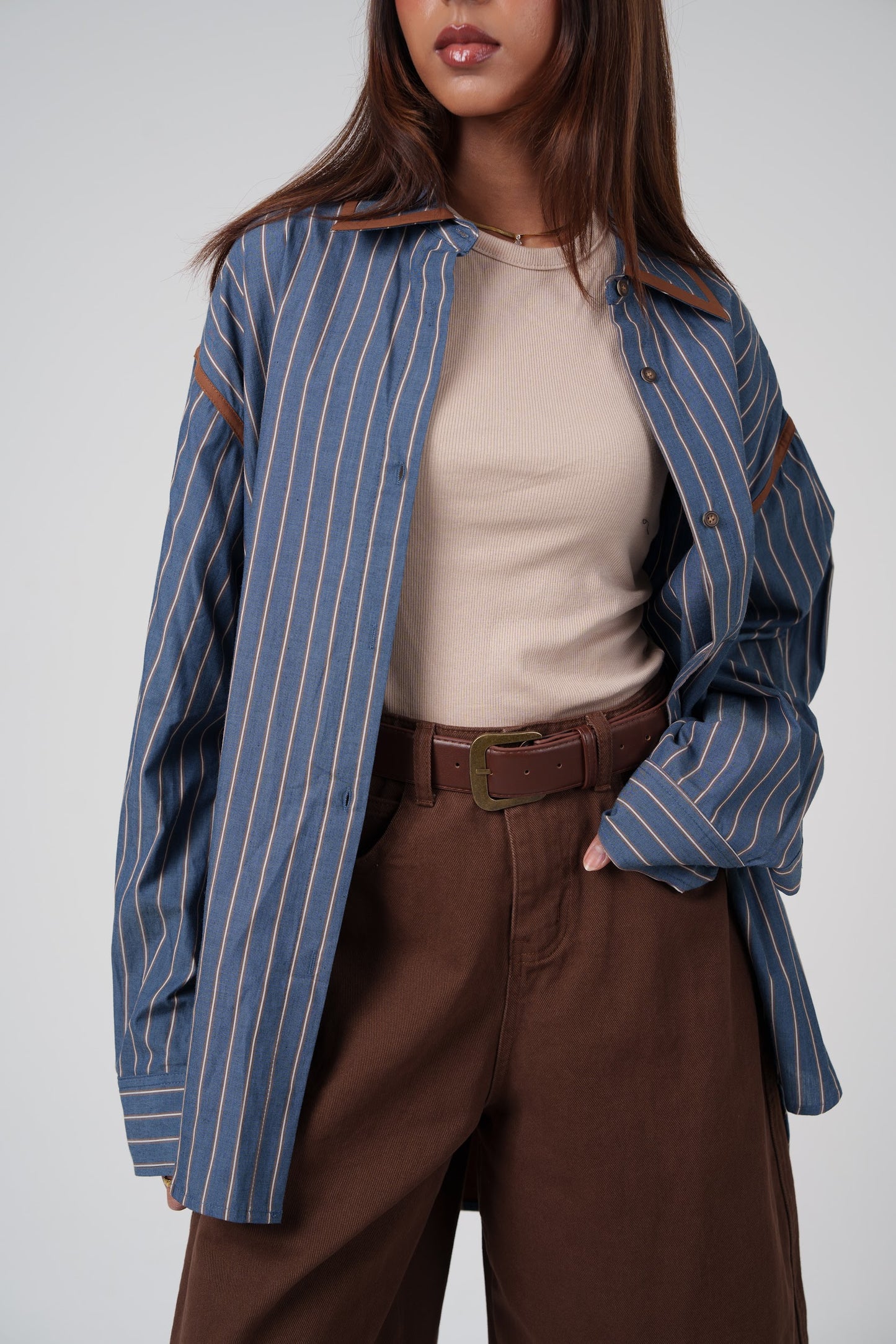 Brown & Navy Striped Collar Shirt