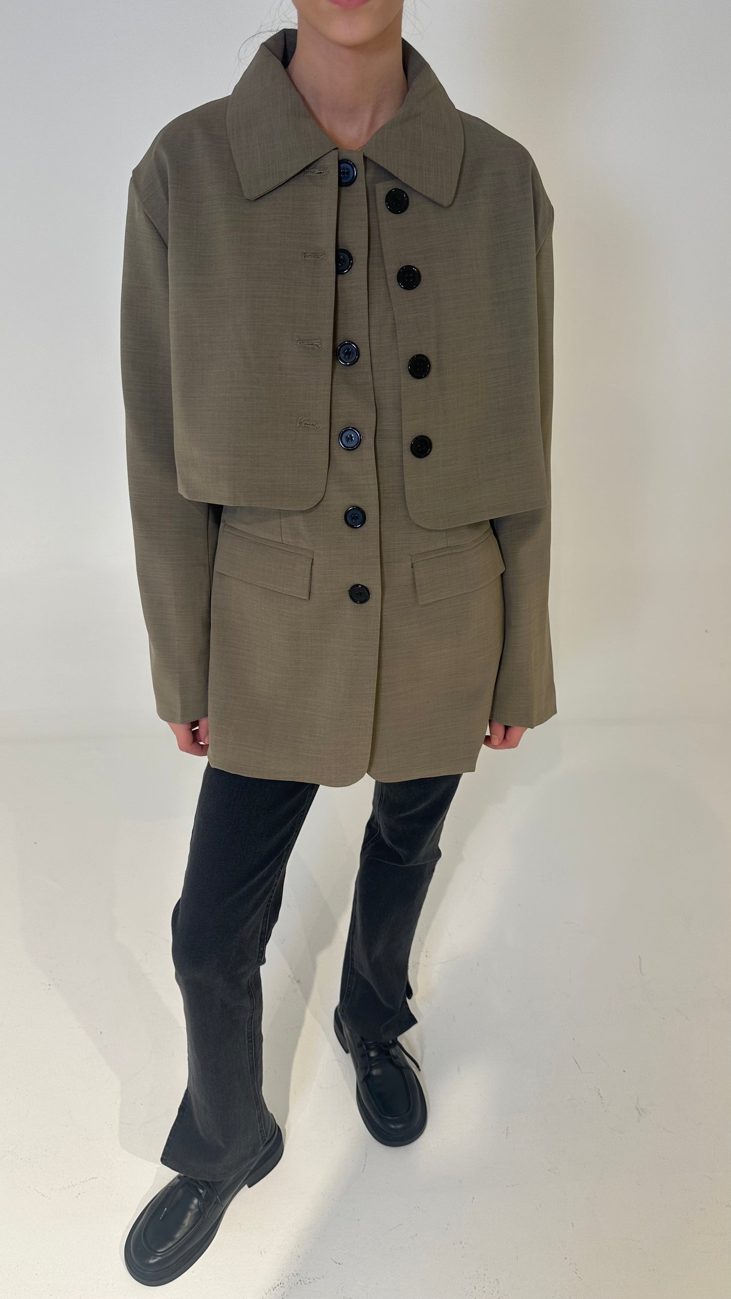 Layered Buttoned Blazer in Dark Beige