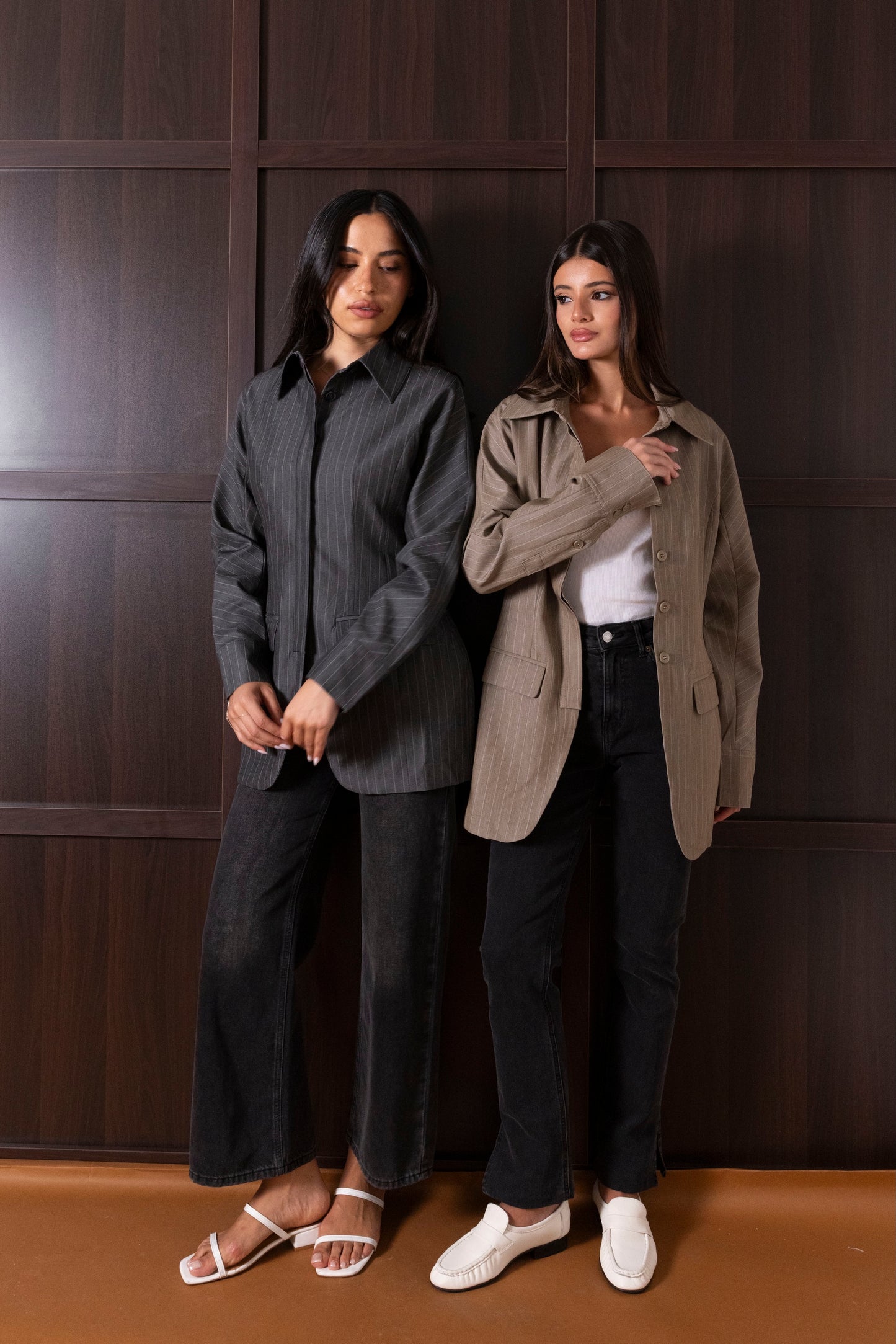 Collared Waisted Striped Jackets (Grey & Beige)