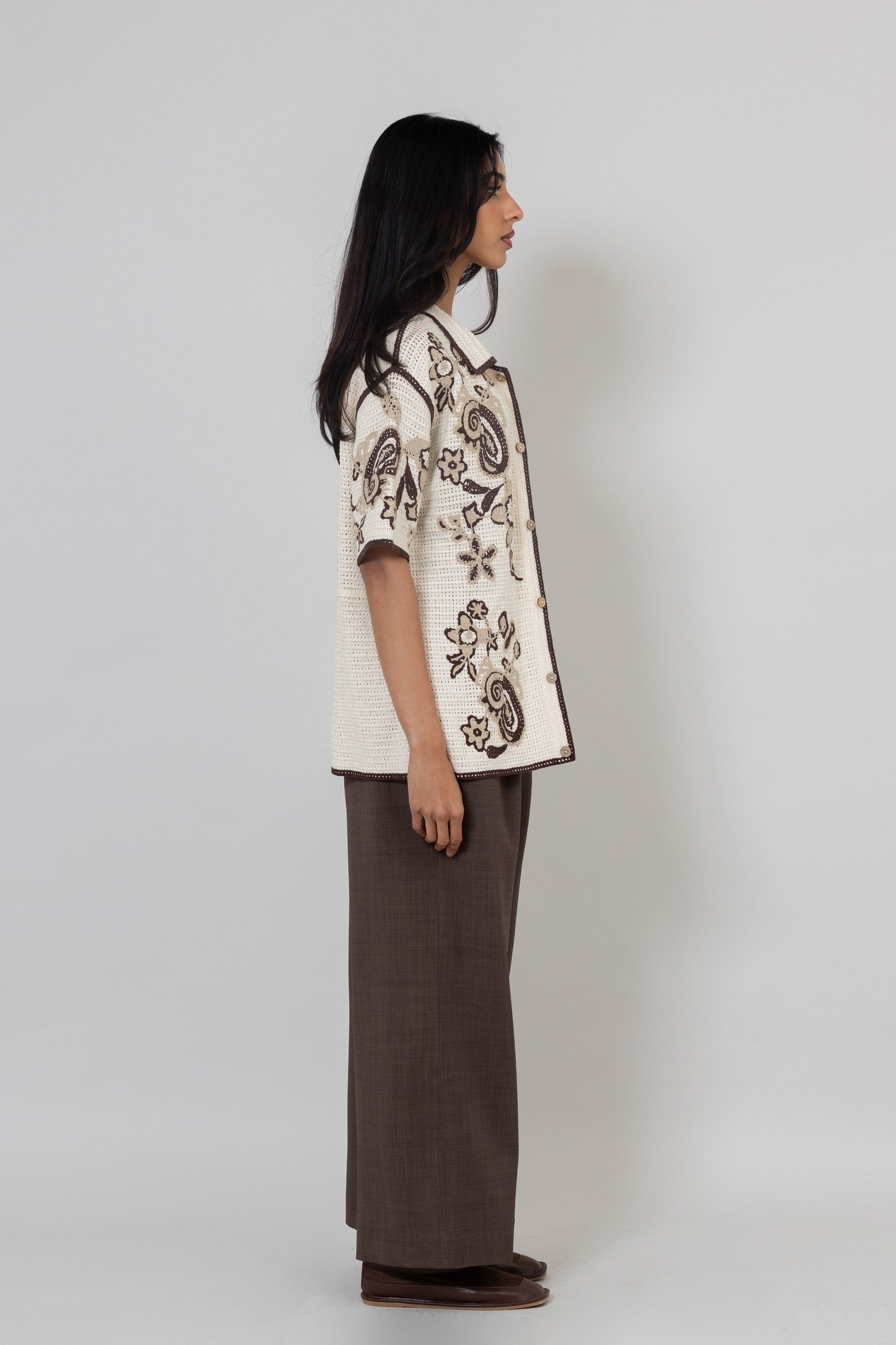 Short Sleeves Collared Brown & Beige Crochet Shirt