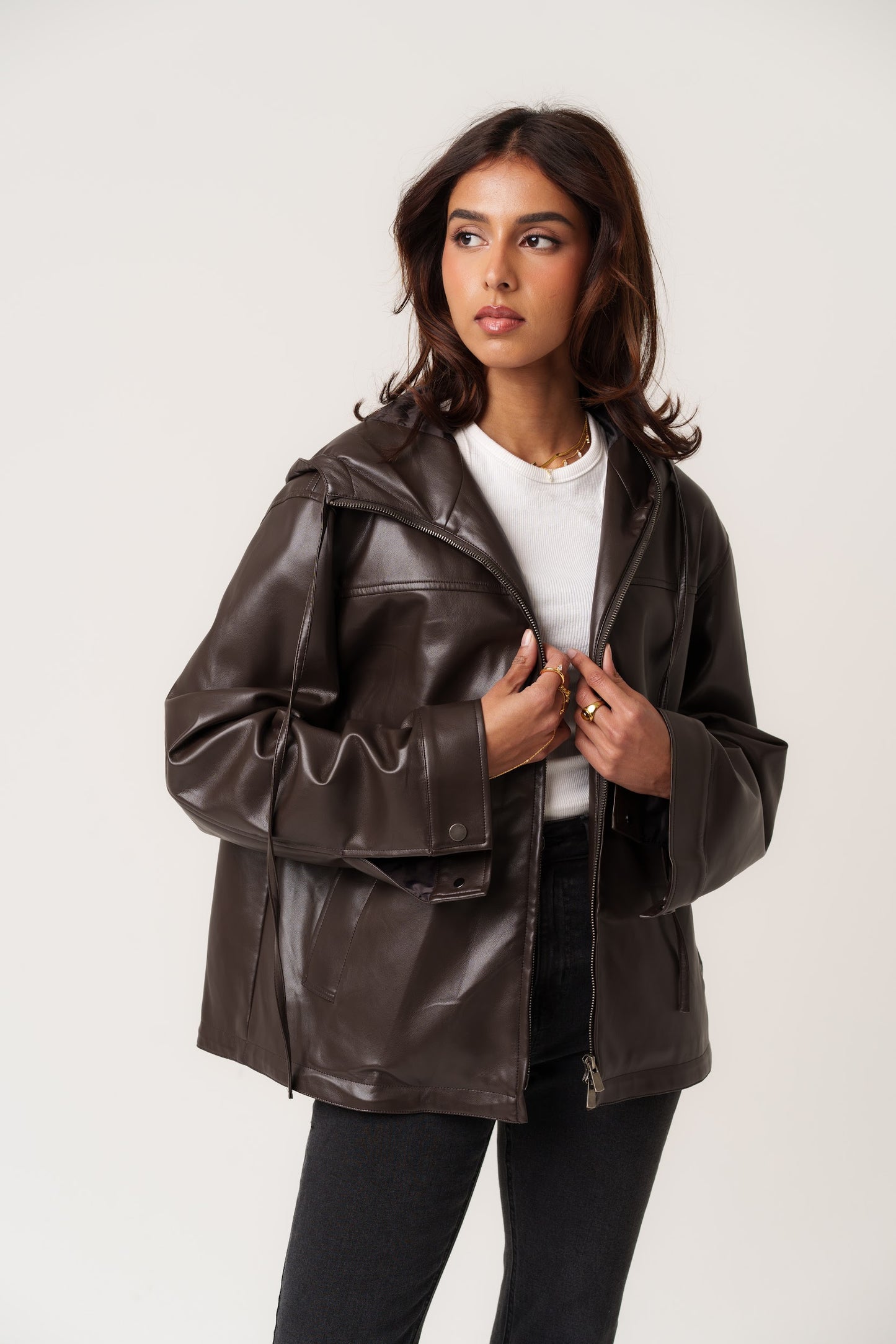 Coffee Leather Hooded Jacket