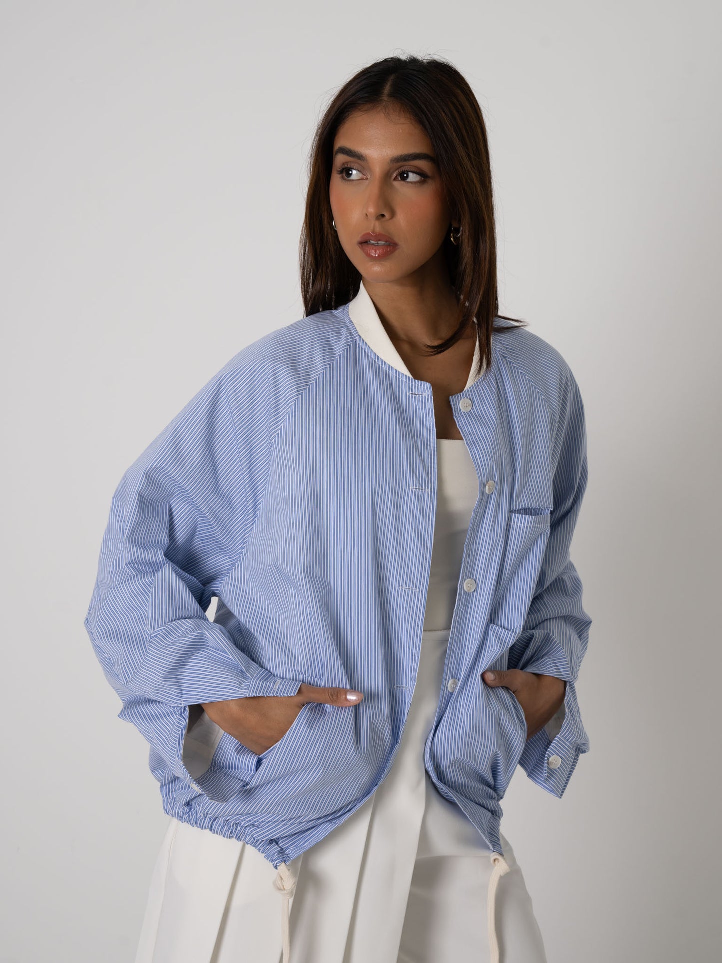 Striped Blue Poplin Bomber