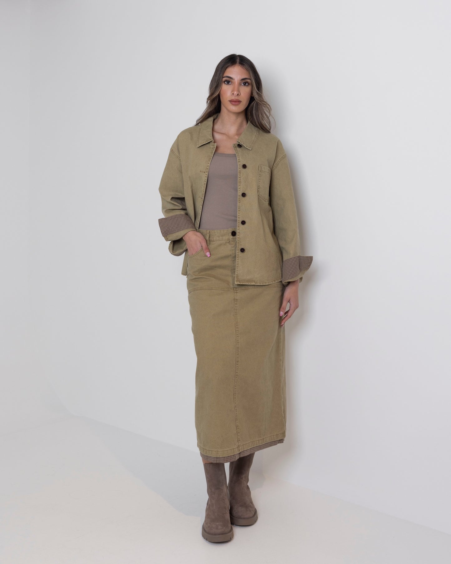 Khaki Straight Cut Skirt Set