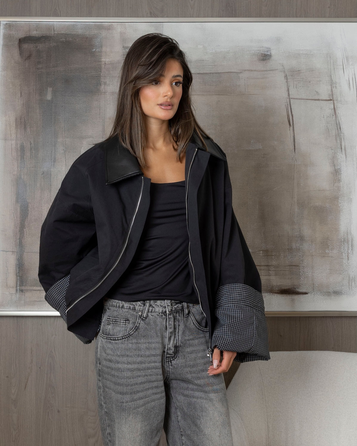 Black Bomber with Checked Fold