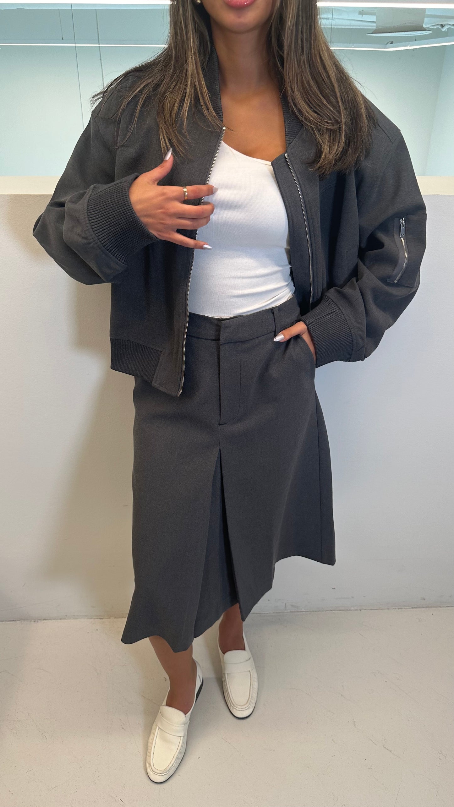 Grey Skirt & Bomber Set