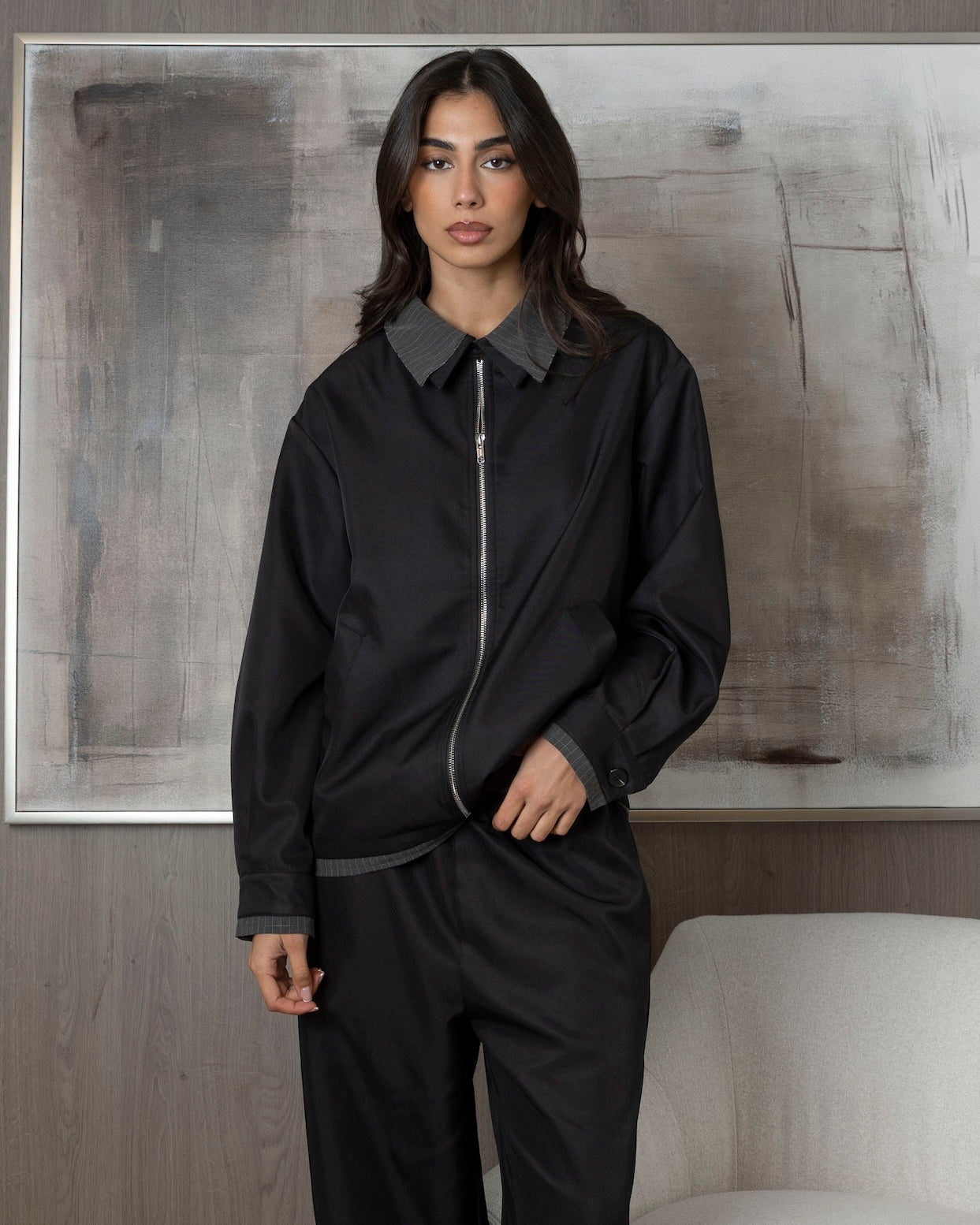 Black Jacket with Grey Striped Collar Set