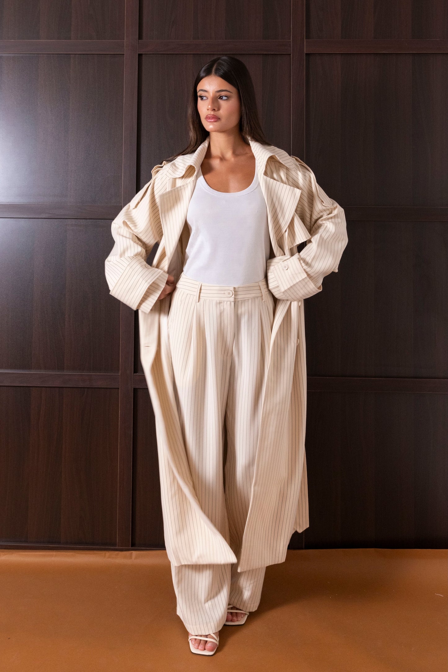 Creme Striped Trench Set