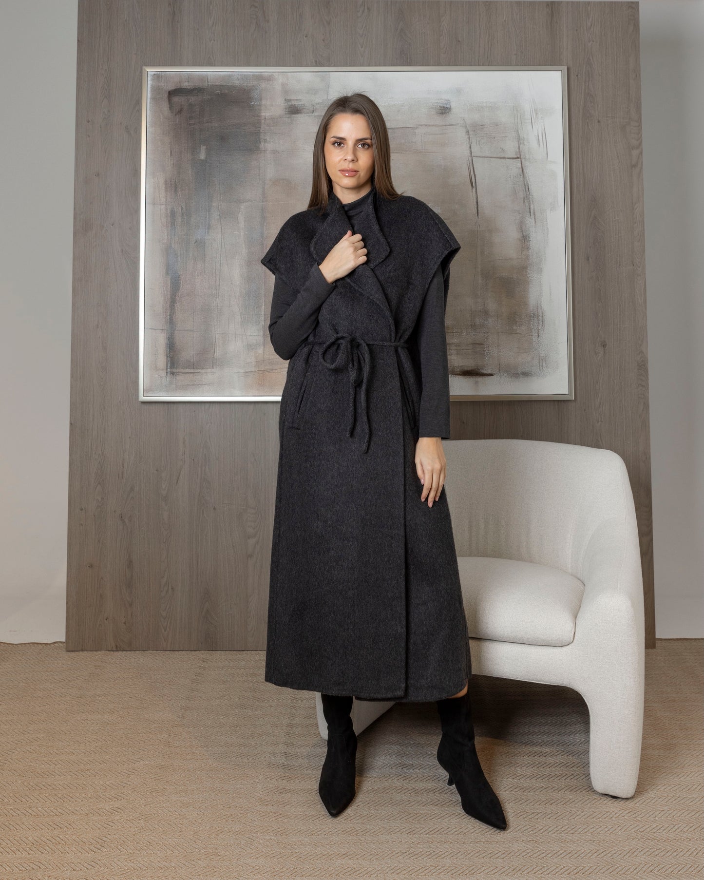 Wool Long Wrap Vest with Rope Belt