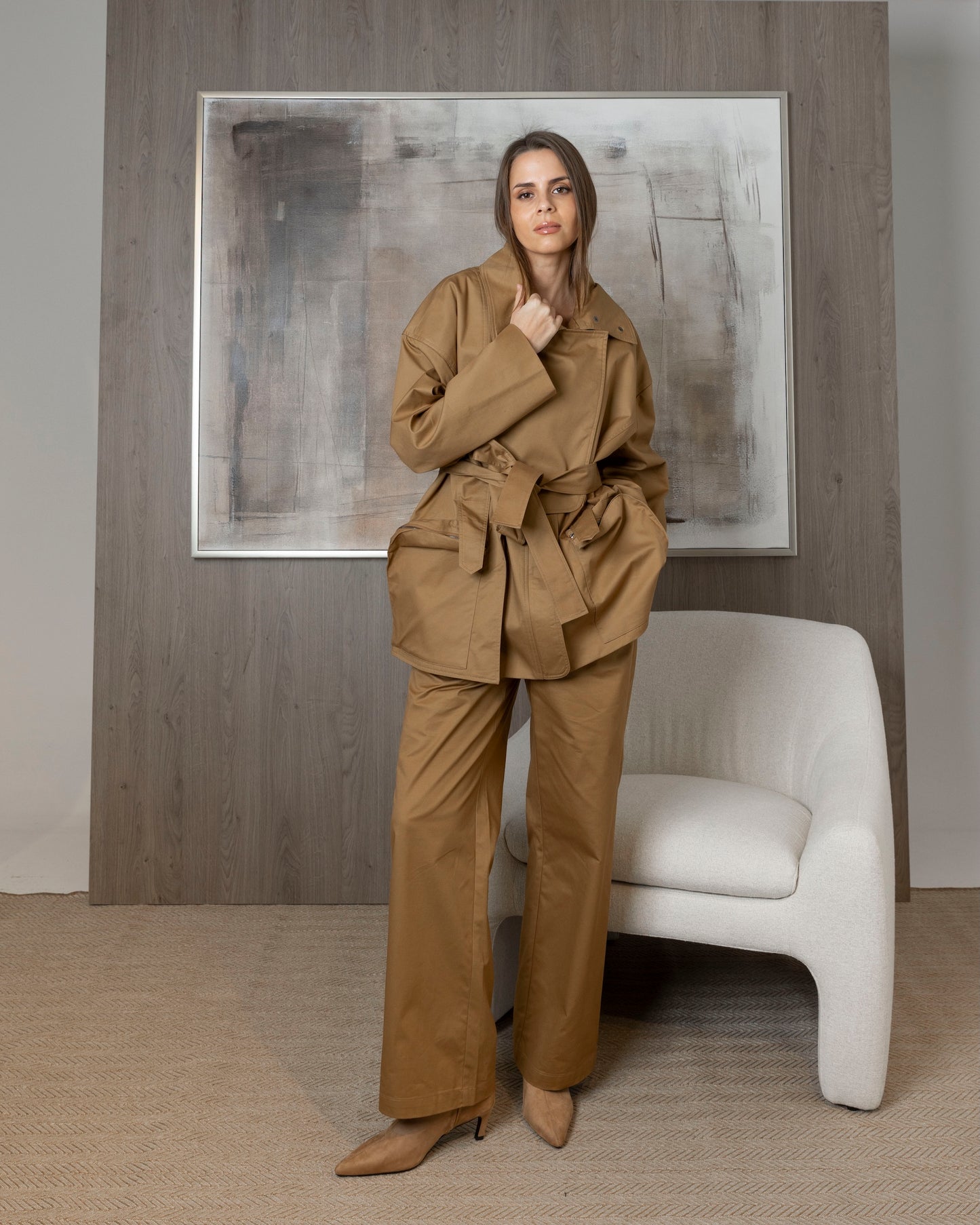 Dark Beige Short Trench with Back Pockets Set
